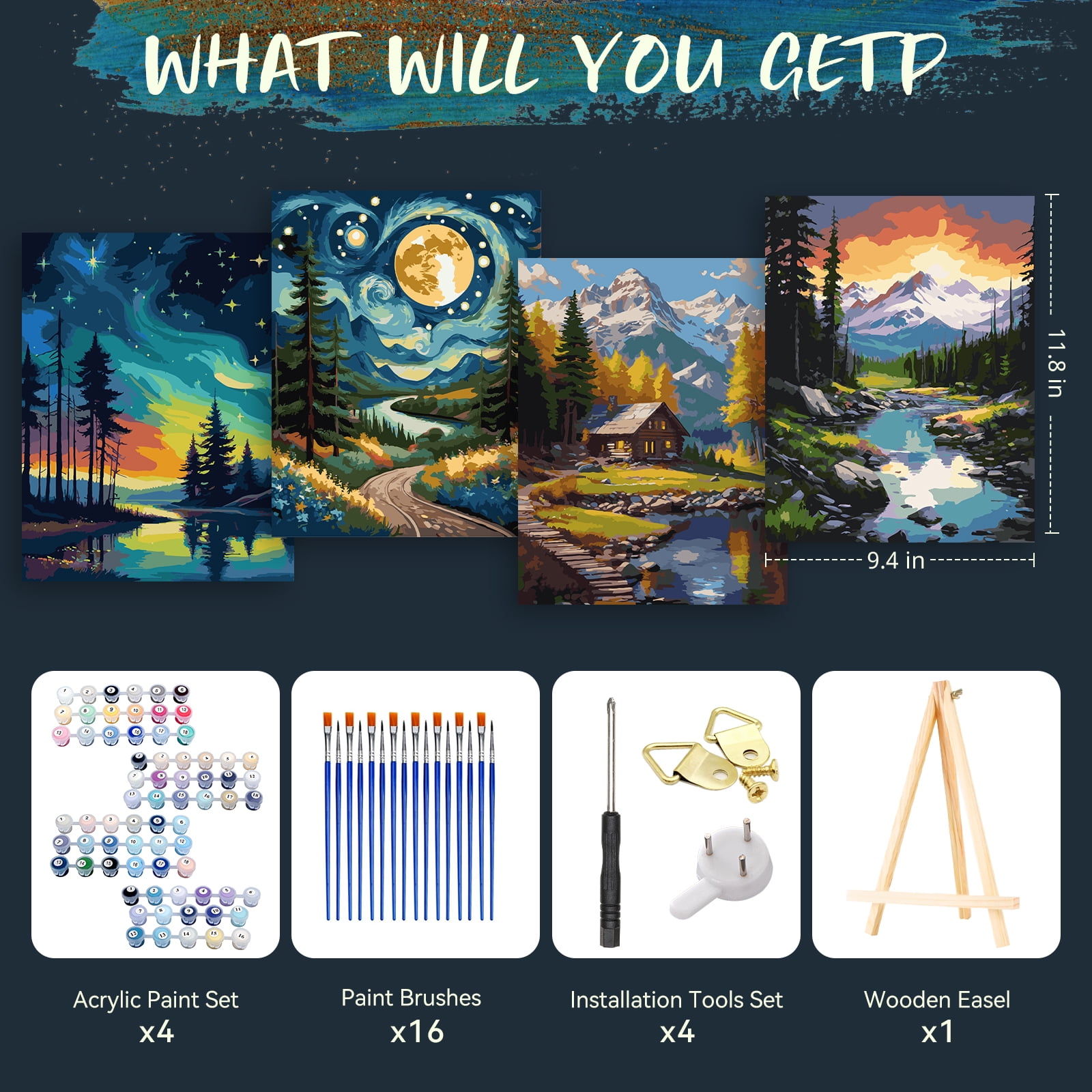 Qoosea Paint by Numbers Kit for Adults with Frame and Wooden Easel, DIY Landscape Art Set (4 Pack, 11.8 in x 9.4 in) wa0uo