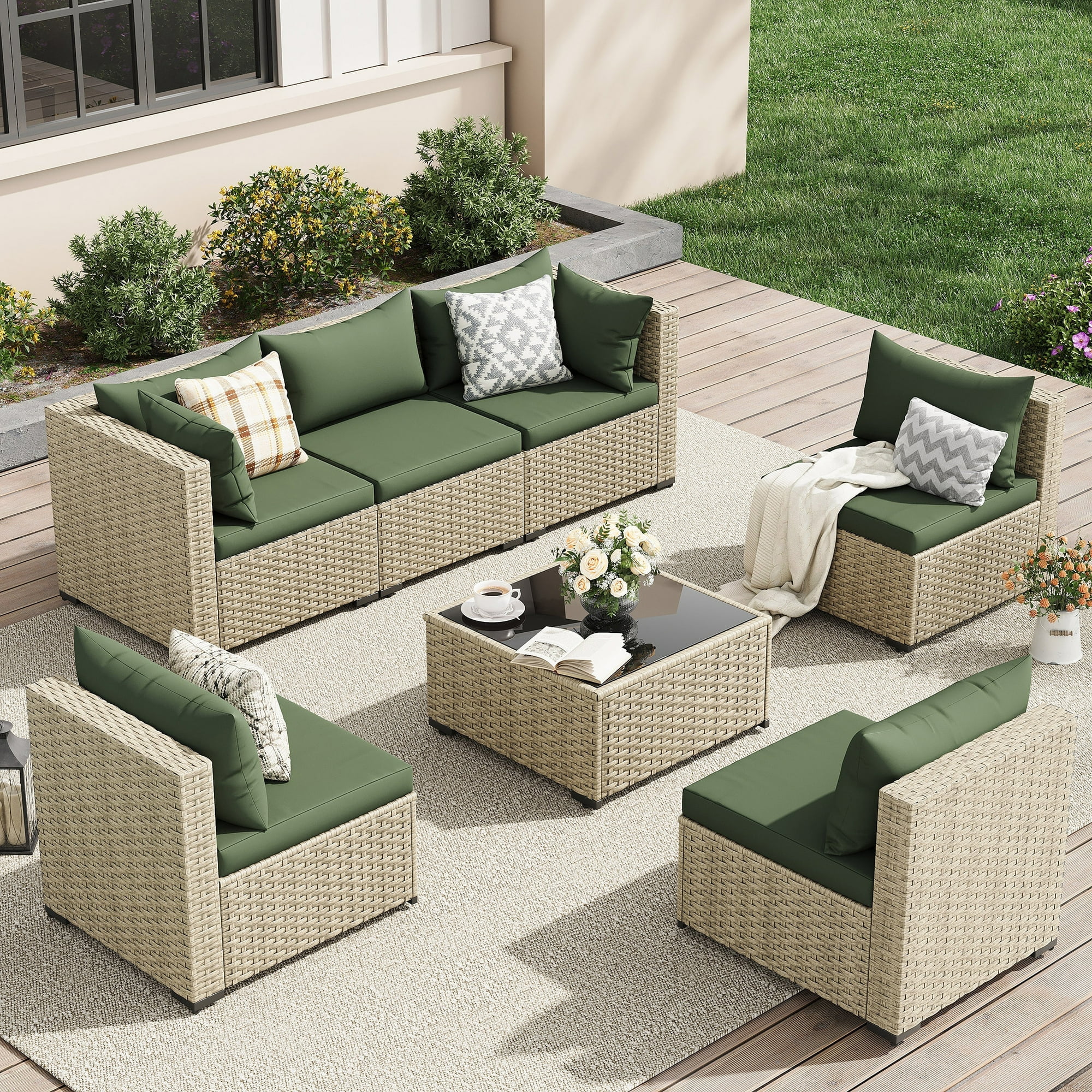 UDPATIO Modular Rattan Outdoor Patio Furniture Set, Weather-Resistant Wicker Sectional Sofa with Cushions (Green, 5-Piece Set) 1kutj