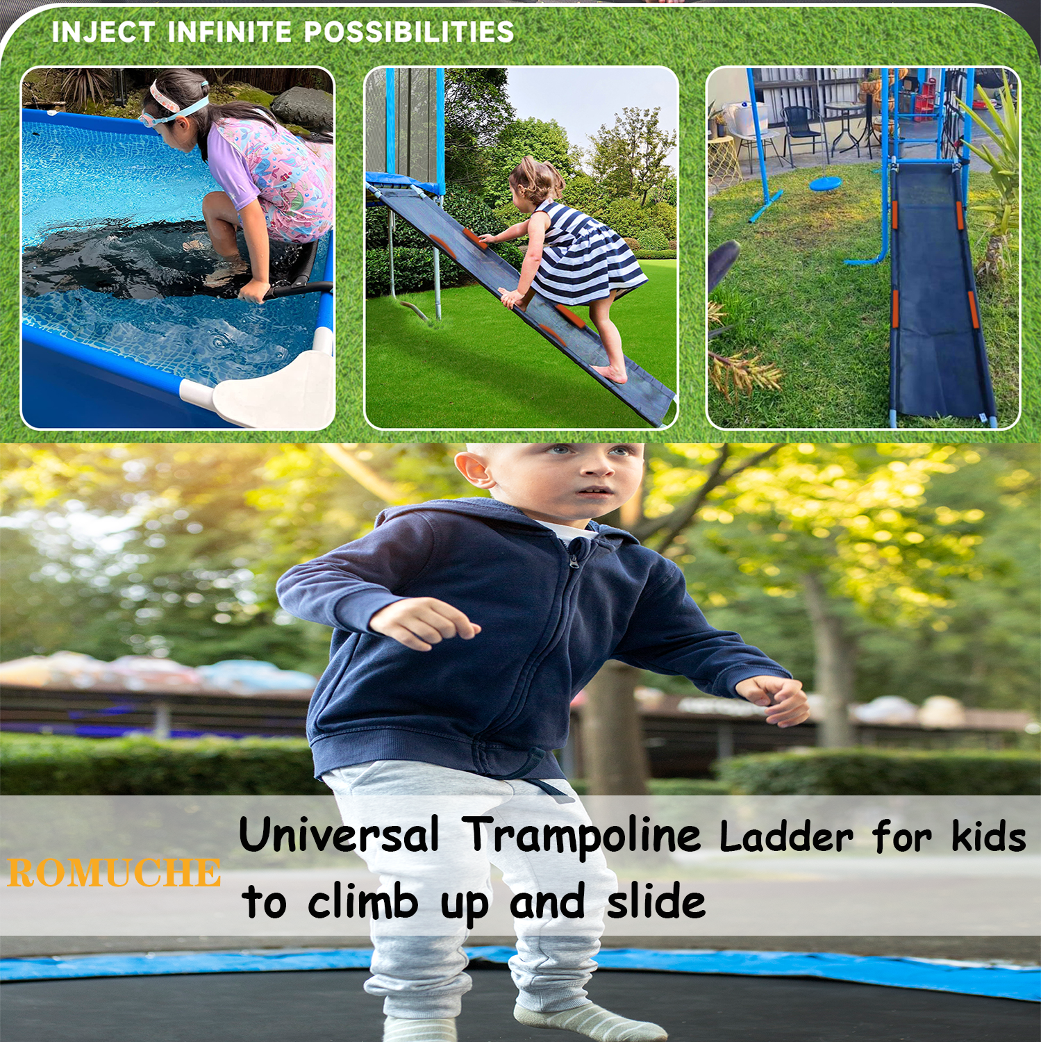 ROMUCHE Trampoline Slide and Ladder Attachment with Safety Handles (Black, 61.4 in x 18.1 in) 64hlt