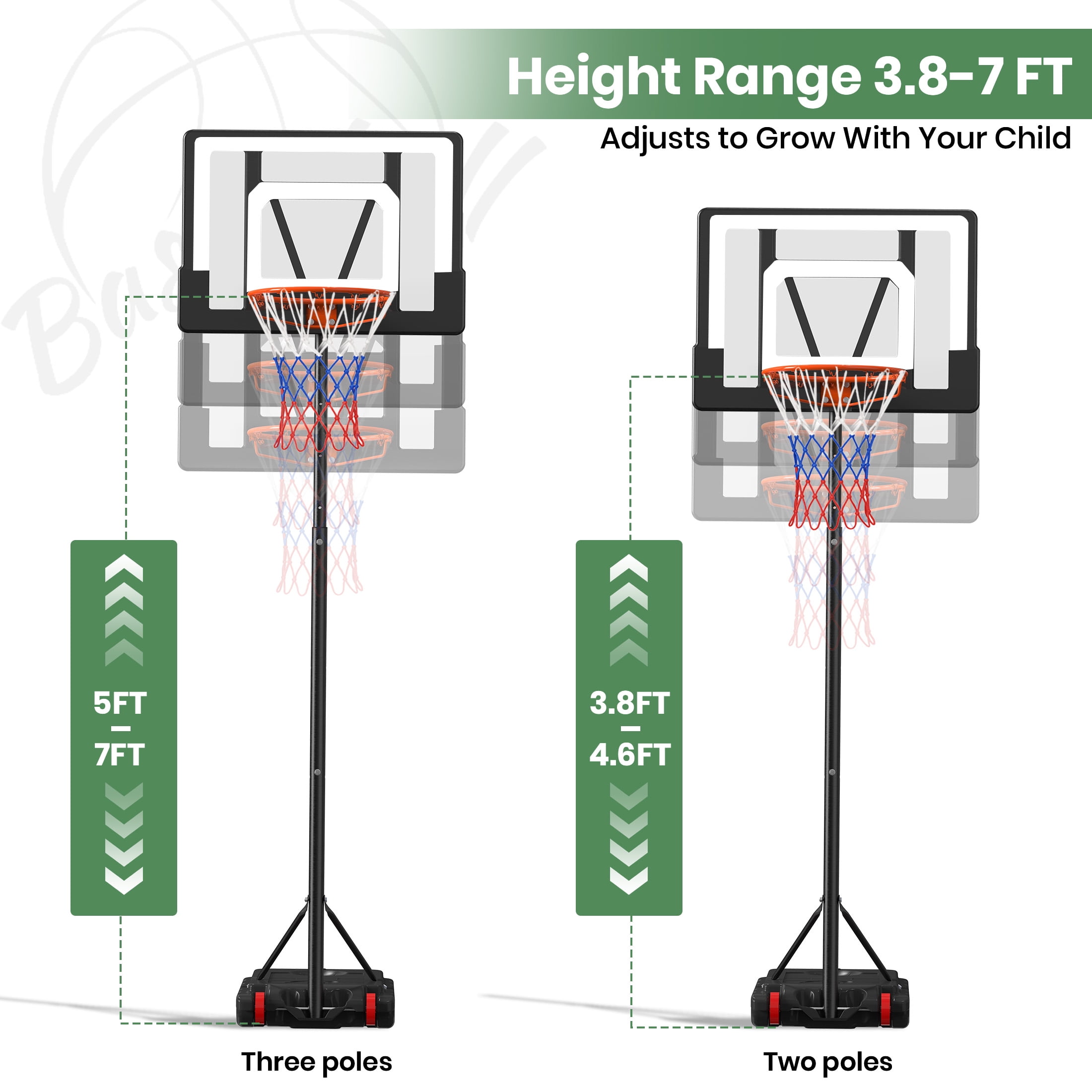 GVDV 33 in Portable Basketball Hoop, Height Adjustable Goal System for Kids and Teens (Black, 3.8-7 ft) 3dwj5