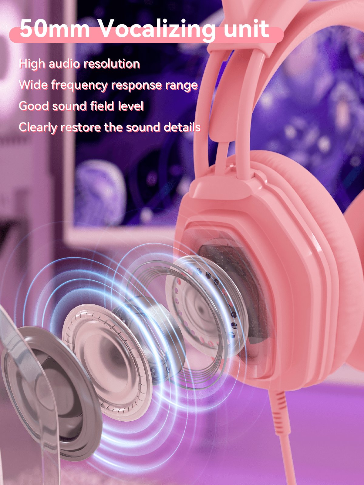 Wantek V10 Cat Ear Gaming Headset with RGB Lighting and Noise-Canceling Microphone (Pink, 7.17 ft) bt2cw