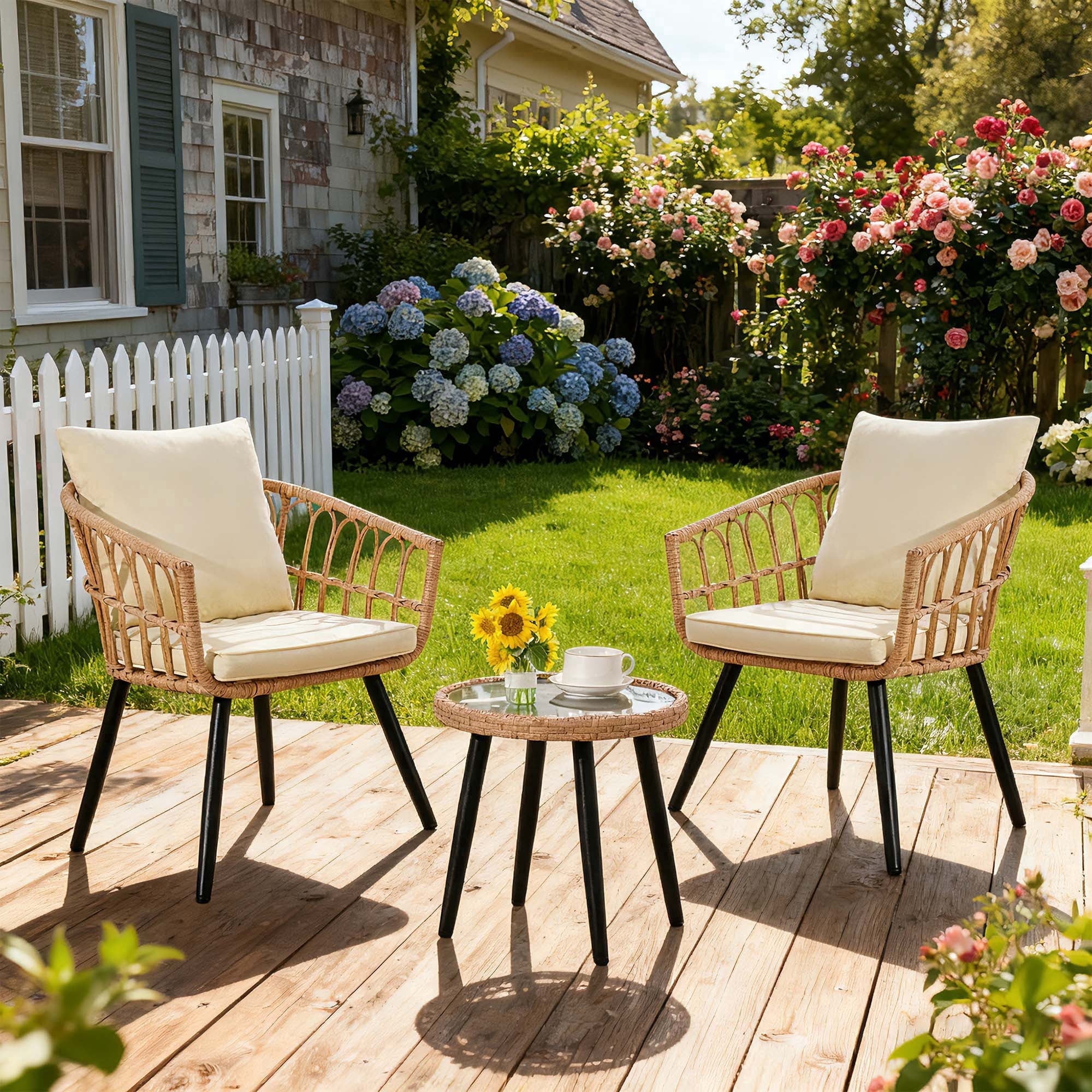Ainfox 3-Piece Outdoor Wicker Bistro Set, All-Weather Rattan Chairs with Washable Cushions and Tempered Glass Table (Beige, 3-Piece Set) fsrfz