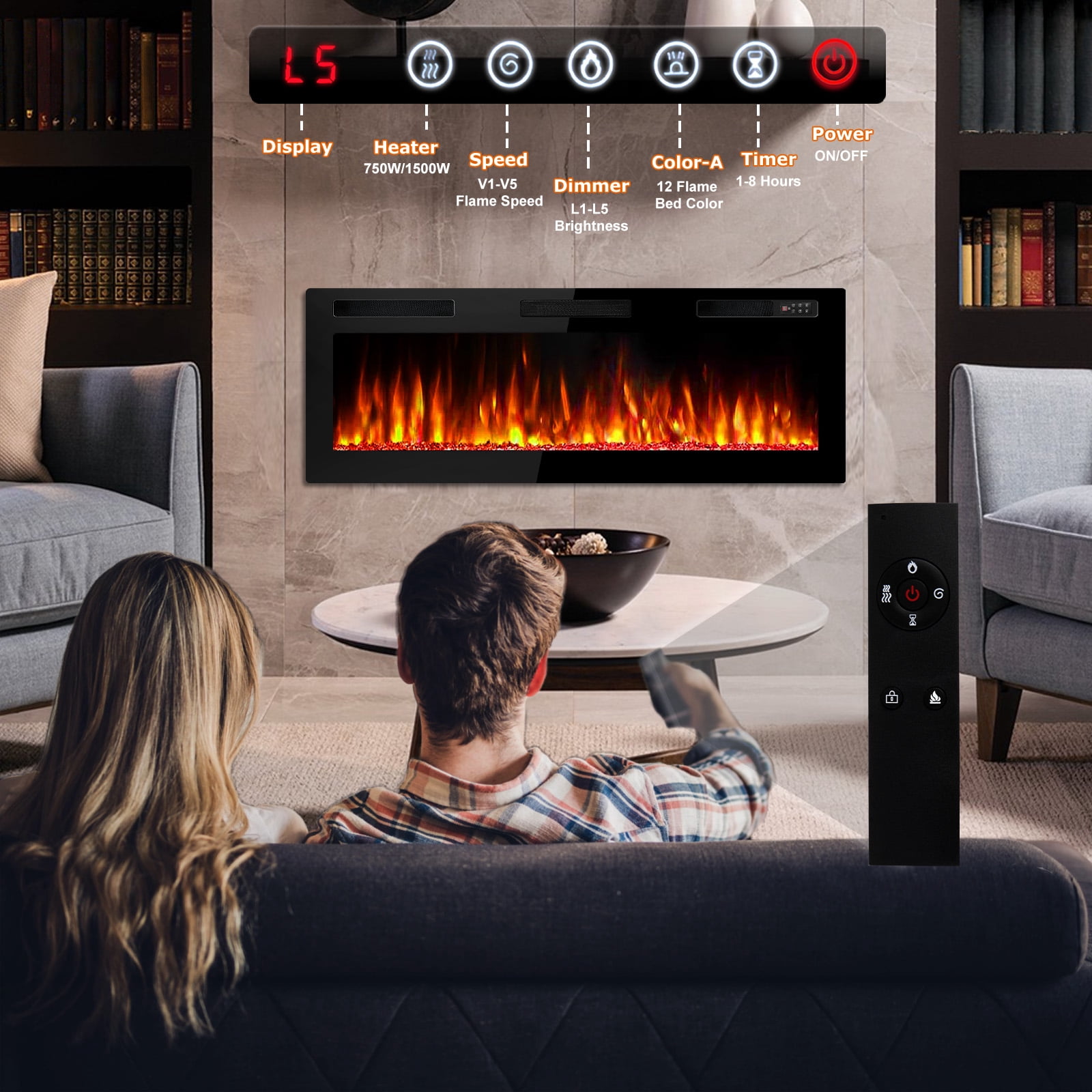 Waleaf 50 in Ultra Thin Electric Fireplace Heater, Recessed Wall Mounted Fireplace with Multicolor Flame and Remote Control (Black, 50 in) rbkrs