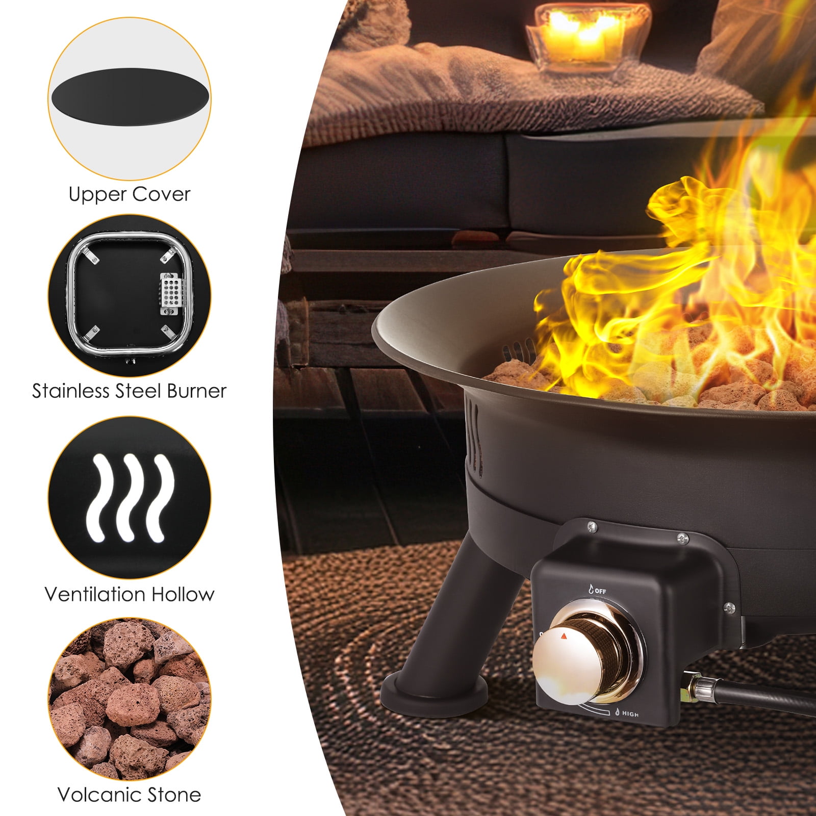 LAZY BUDDY Portable Propane Gas Fire Pit, Outdoor Smokeless Heating with Cover and Lava Rocks (24 in) wtqay
