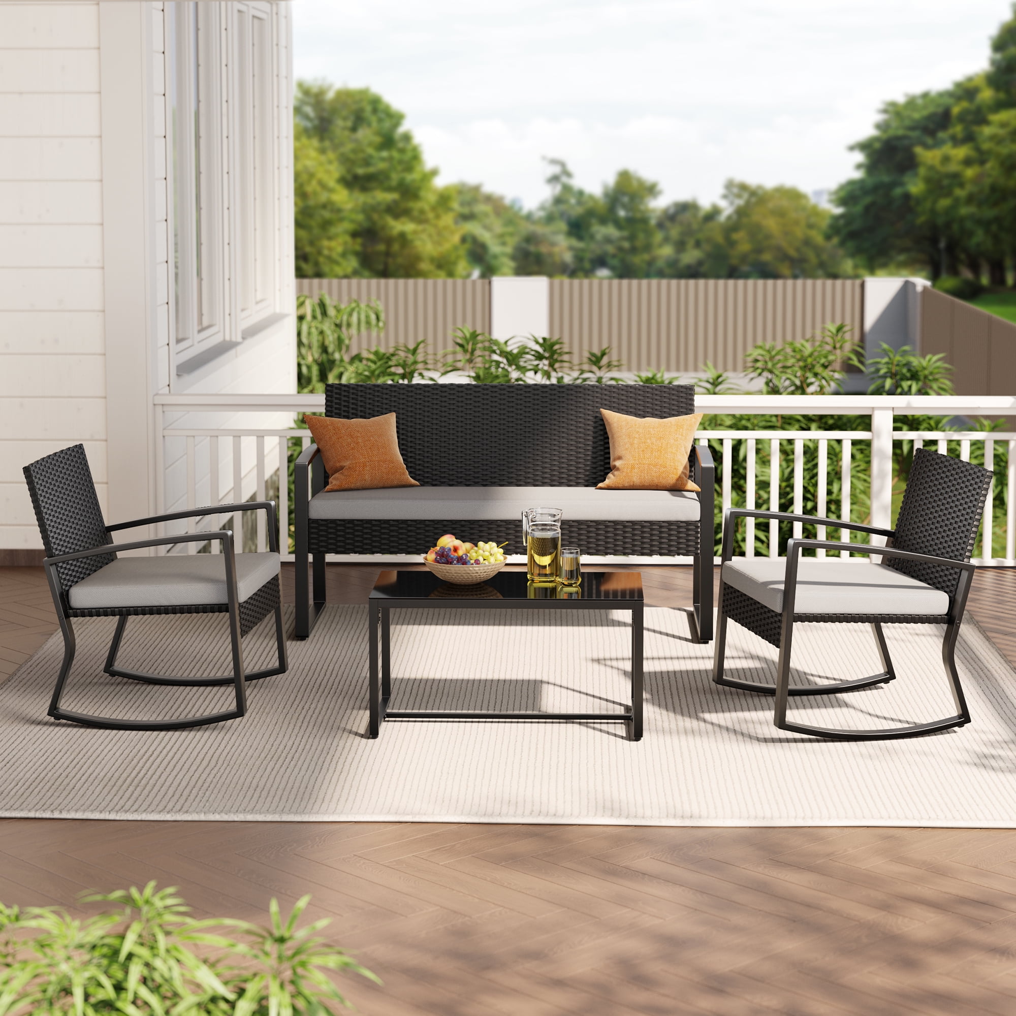 Lofka Outdoor Patio Furniture Set with Wicker Chairs and Tempered Glass Table (Gray, 4-Piece Set) 3vui5