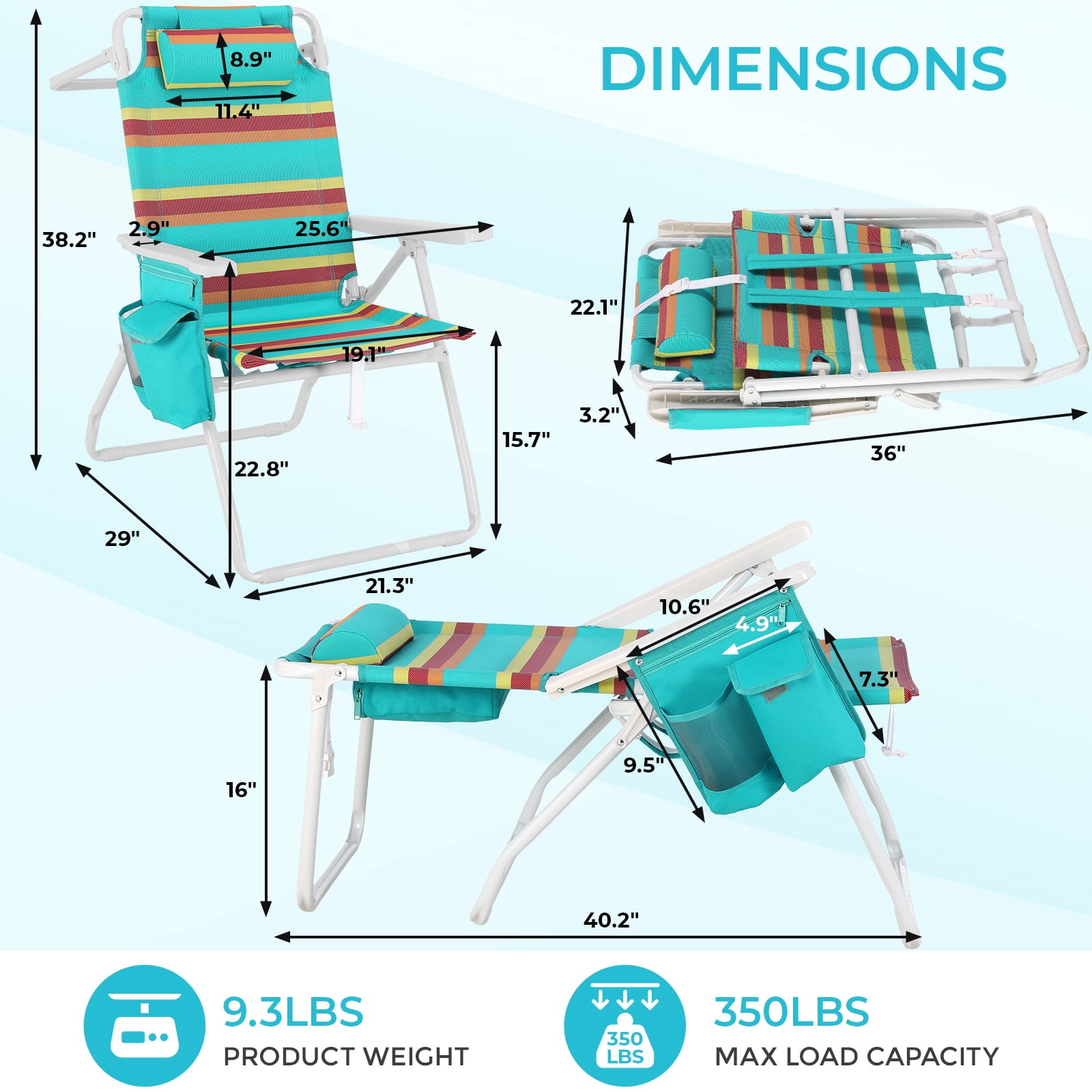 Pirecart Folding Backpack Beach Chairs with 5-Position Recline and Cooler Pouch (Multi-Color Stripes, Set of 2) 8sl2t