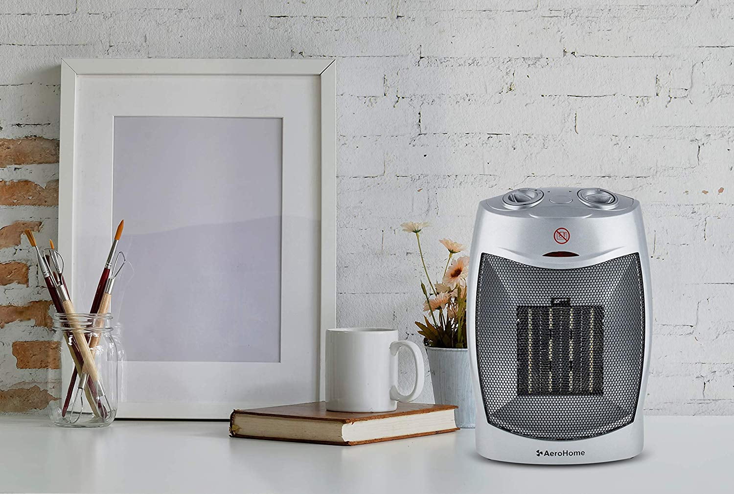 AeroHome 1500W Personal Electric Ceramic Space Heater with Adjustable Thermostat (Silver, 11 in x 7 in x 5 in) uqvt5