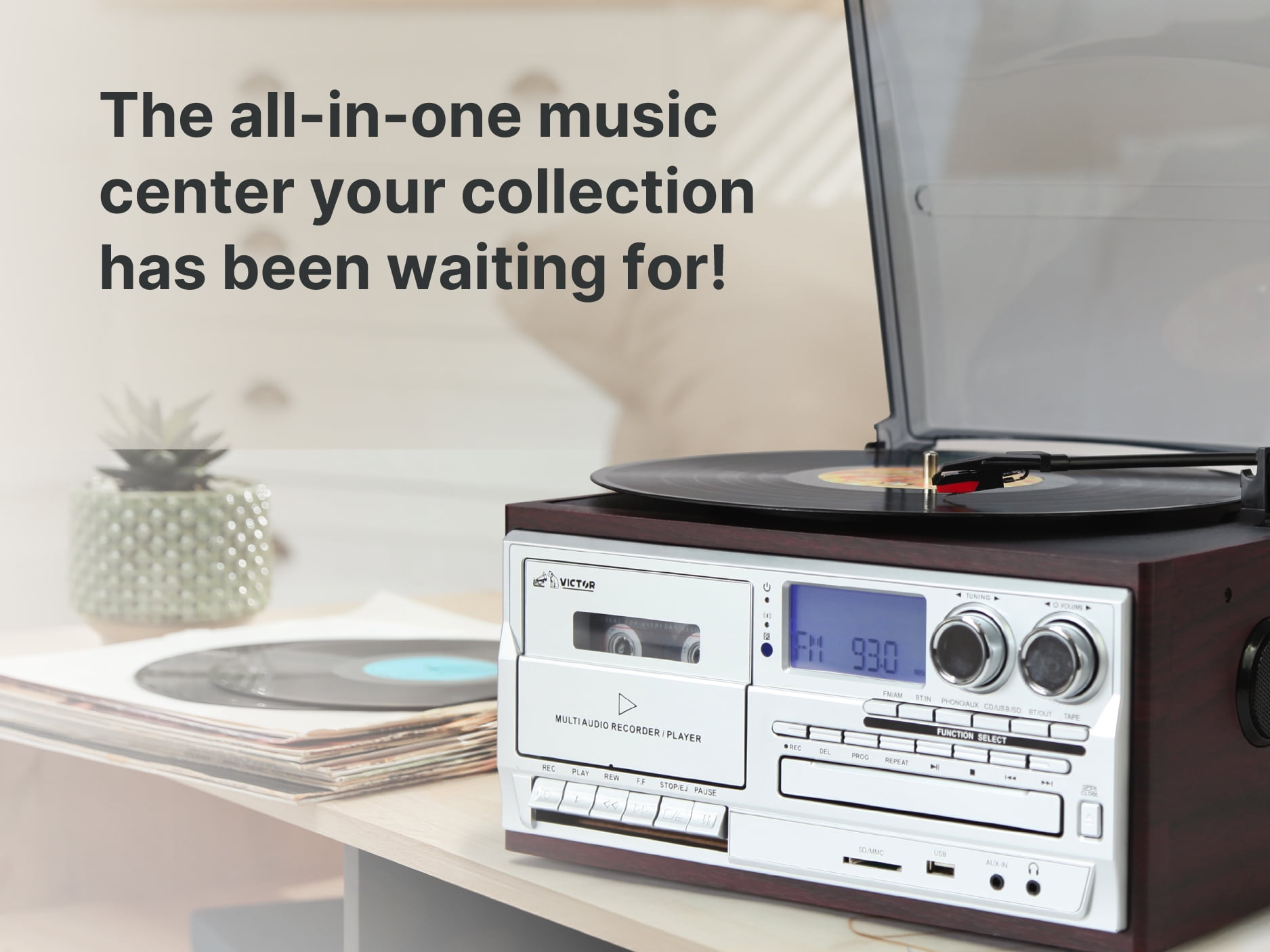 Victor Cosmopolitan 8-in-1 Turntable Music Center with 3-Speed Record Player, Bluetooth, and USB Recording (Brown, 1 Unit) sb4rb