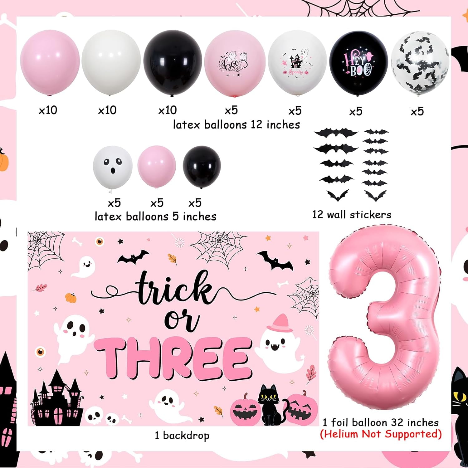 Cheereveal Halloween 3rd Birthday Party Decorations Trick Or Three Balloon Garland Arch Kit (Pink, 185 Piece Set) 0g87g