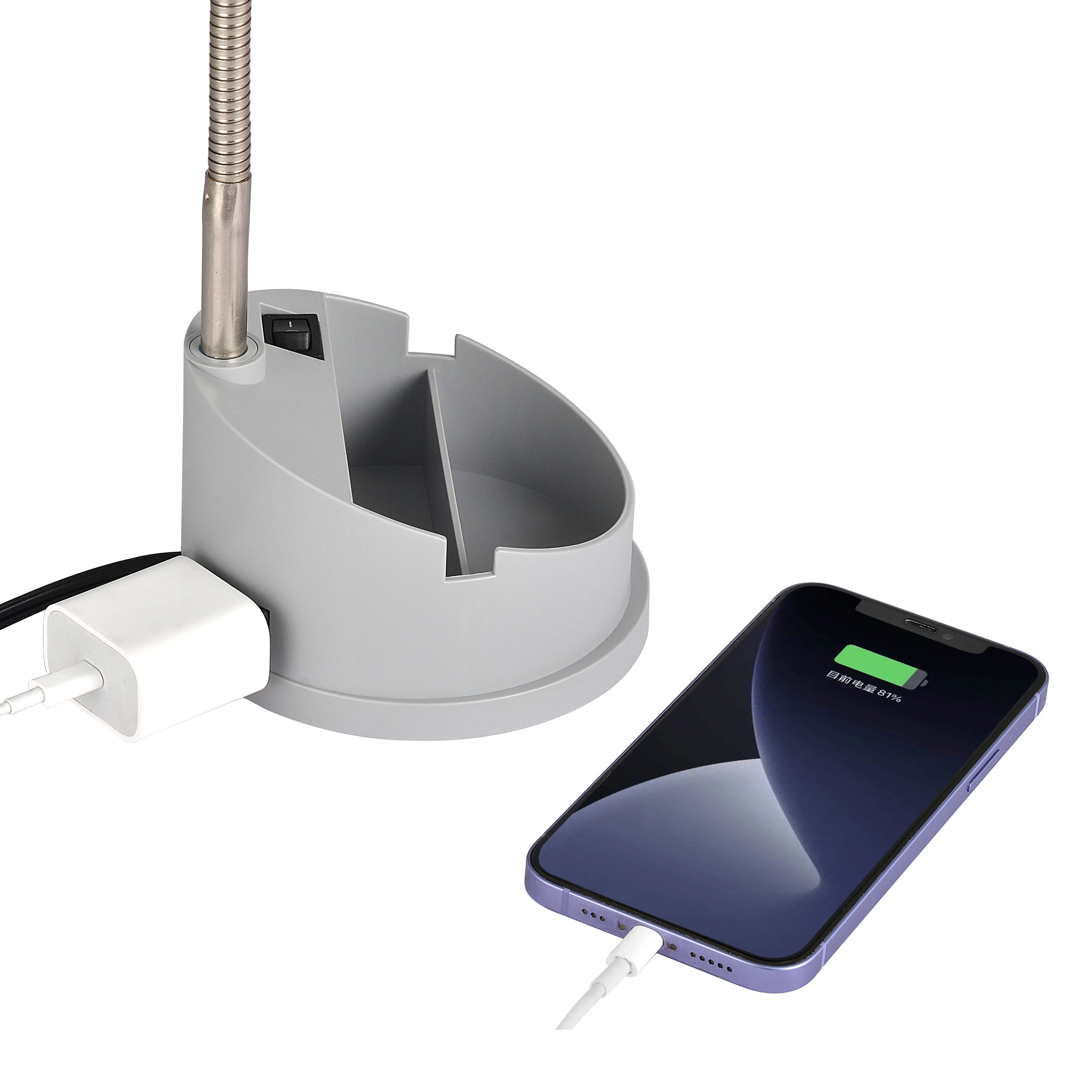 Mainstays LED Gooseneck Desk Lamp with Integrated Power Outlet (Gray, 16.25 in) lw4ul