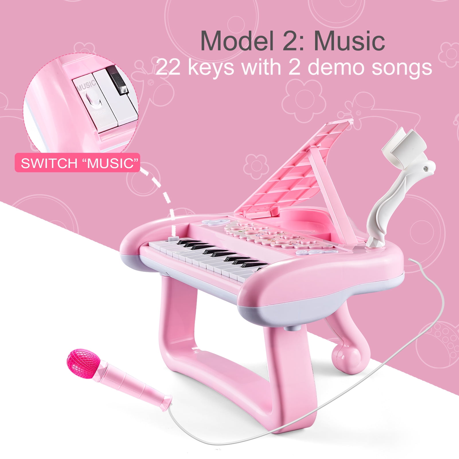 Tepear Musical Keyboard Piano Toy for Toddlers, 22-Key Educational Instrument with Microphone (Pink, 15 in x 8 in) 61jsc