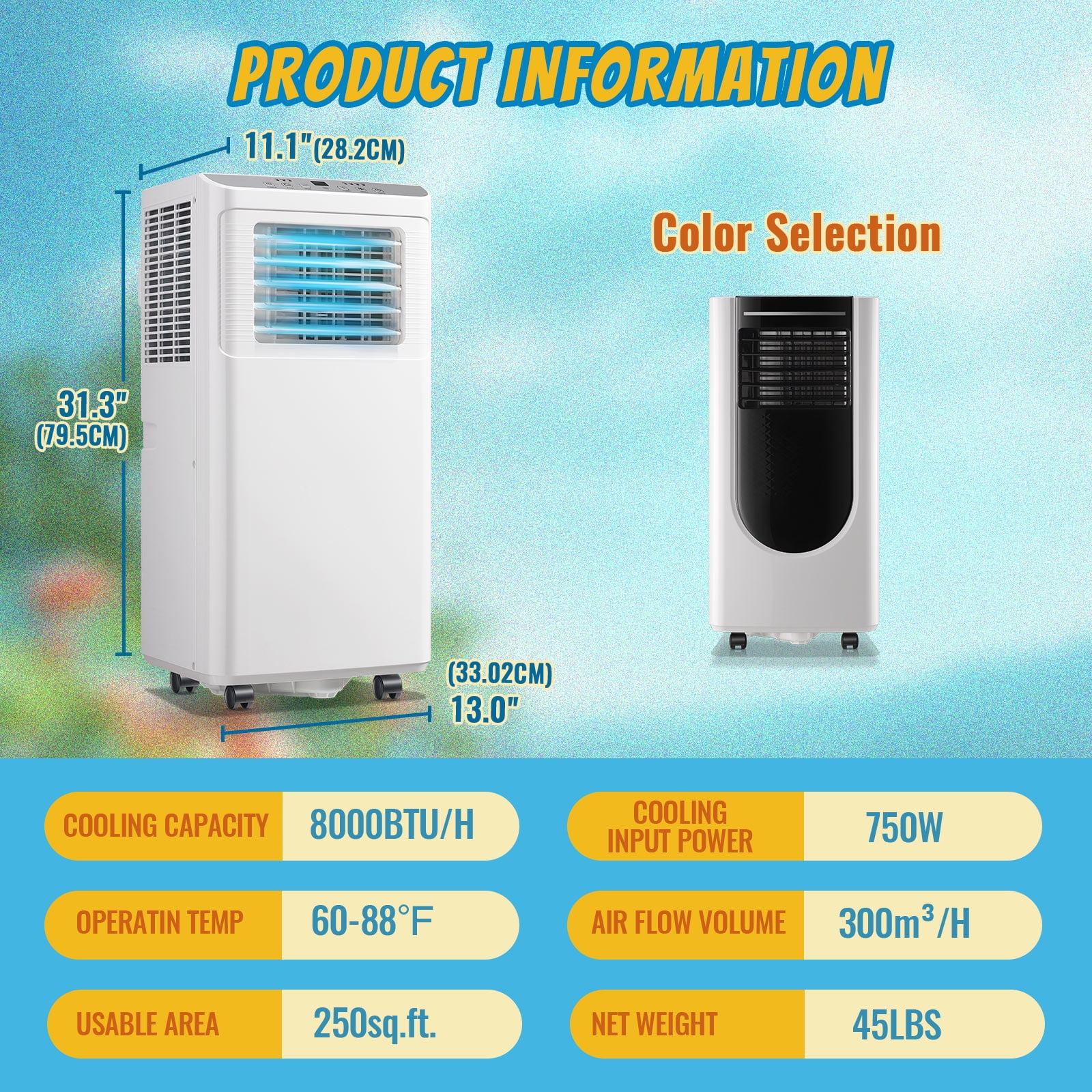 WANAI Portable Air Conditioner 8000 BTU Cooling Fan Dehumidifier (White, 250 sq. ft.) 4hb3e