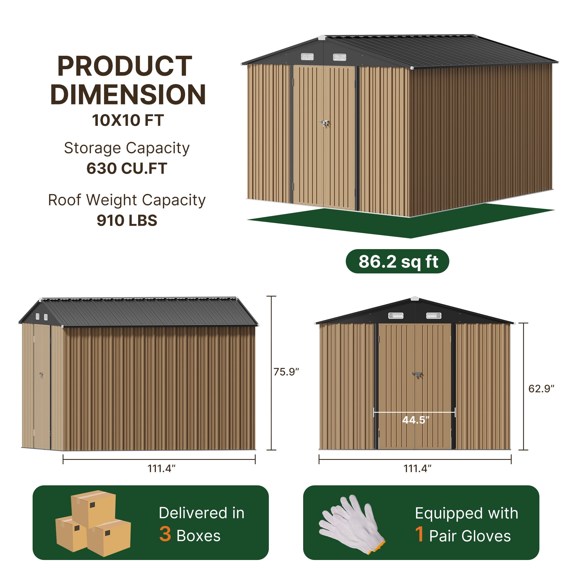 Lofka Outdoor Storage Shed, Galvanized Steel Garden Shed with Lockable Doors (Light Brown, 10 ft x 10 ft) 7du7e