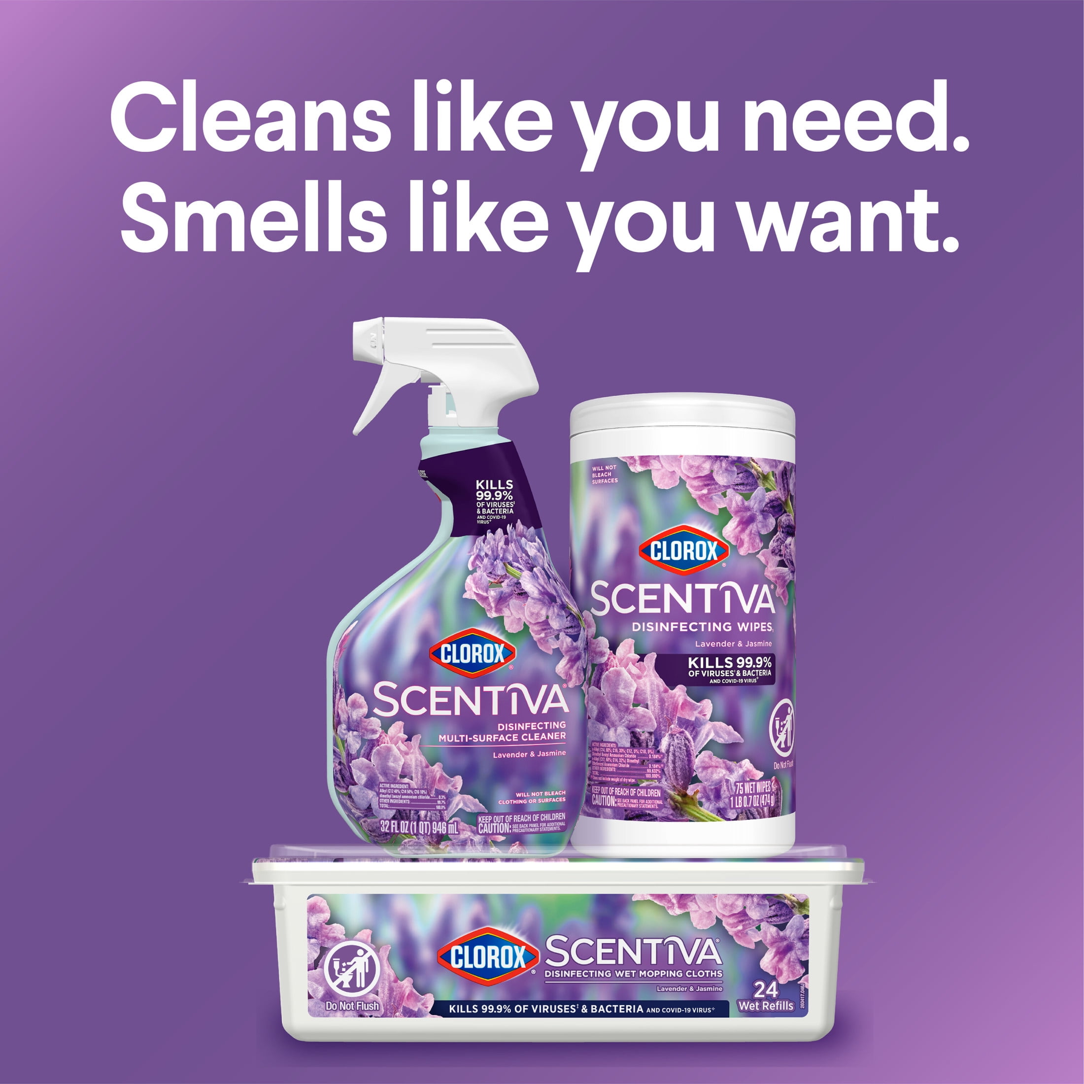 Clorox Scentiva Disinfecting Wipes, Lavender and Jasmine, Multi-Surface Cleaning (White, 75 Count) 2ttls