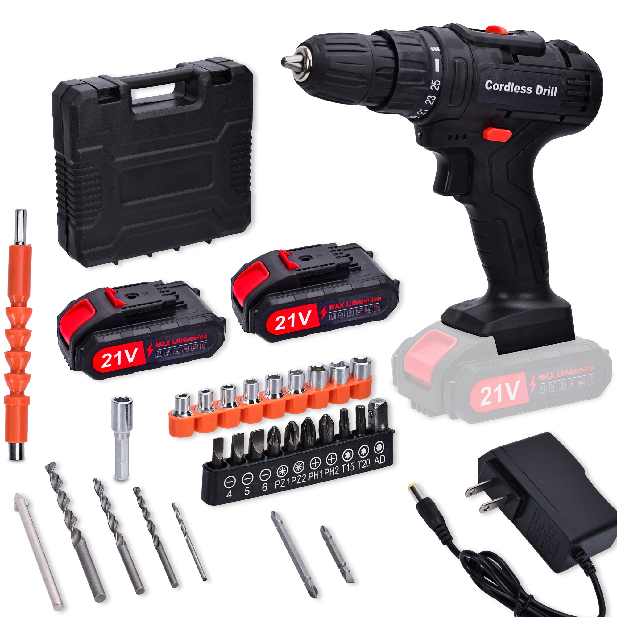 HDJ 21V Cordless Drill Driver Set with 2 Batteries, 3/8 in Keyless Chuck, Variable Speed (Black, 3.37 lb) msh9o