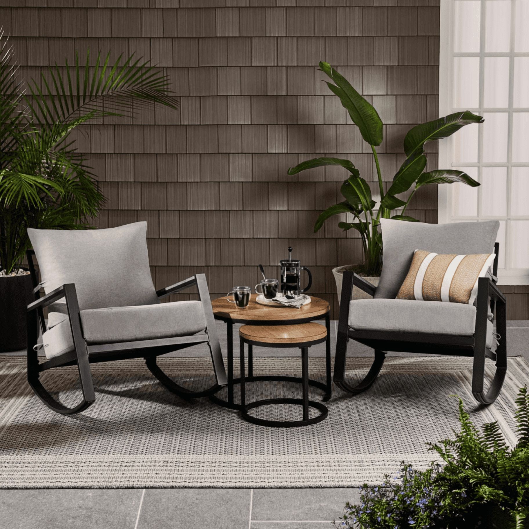 Better Homes & Gardens Marlow Outdoor Patio Rocking Chairs (Black Frame/Gray Cushion, 2-Pack) 2lx7x