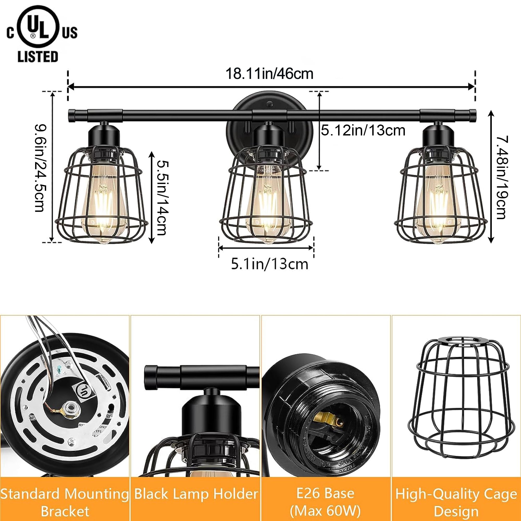 Licperron 3-Light Bathroom Vanity Fixture, Industrial Cage Shade Wall Lighting, Matte Black (18.11 in Wide) qit2a