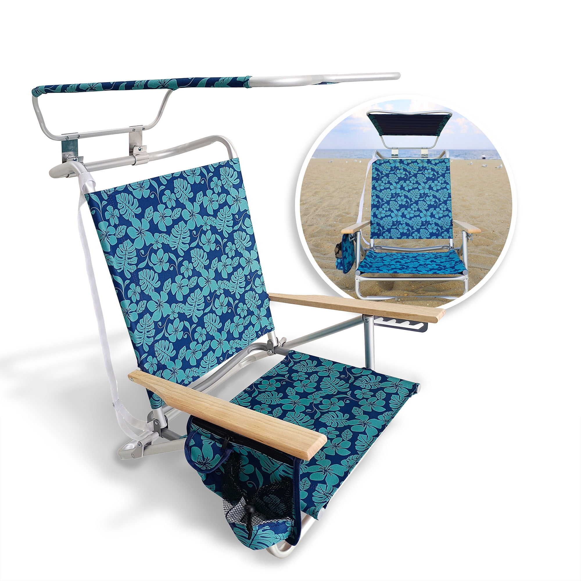 Bliss Hammocks Folding Beach Chair with Canopy and Cup Holder (Blue Flower, 275 lb Capacity) 7wkp9