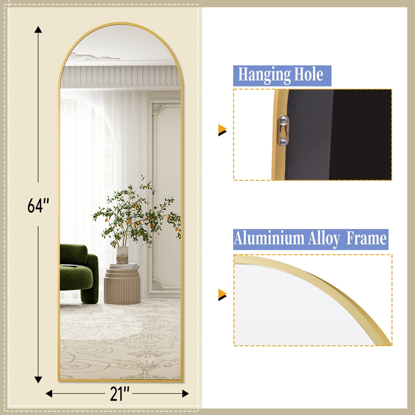 BEAUTYPEAK Arched Full Length Floor Mirror, Shatter-Proof Standing Body Mirror (Gold, 64 in x 21 in) jdpth