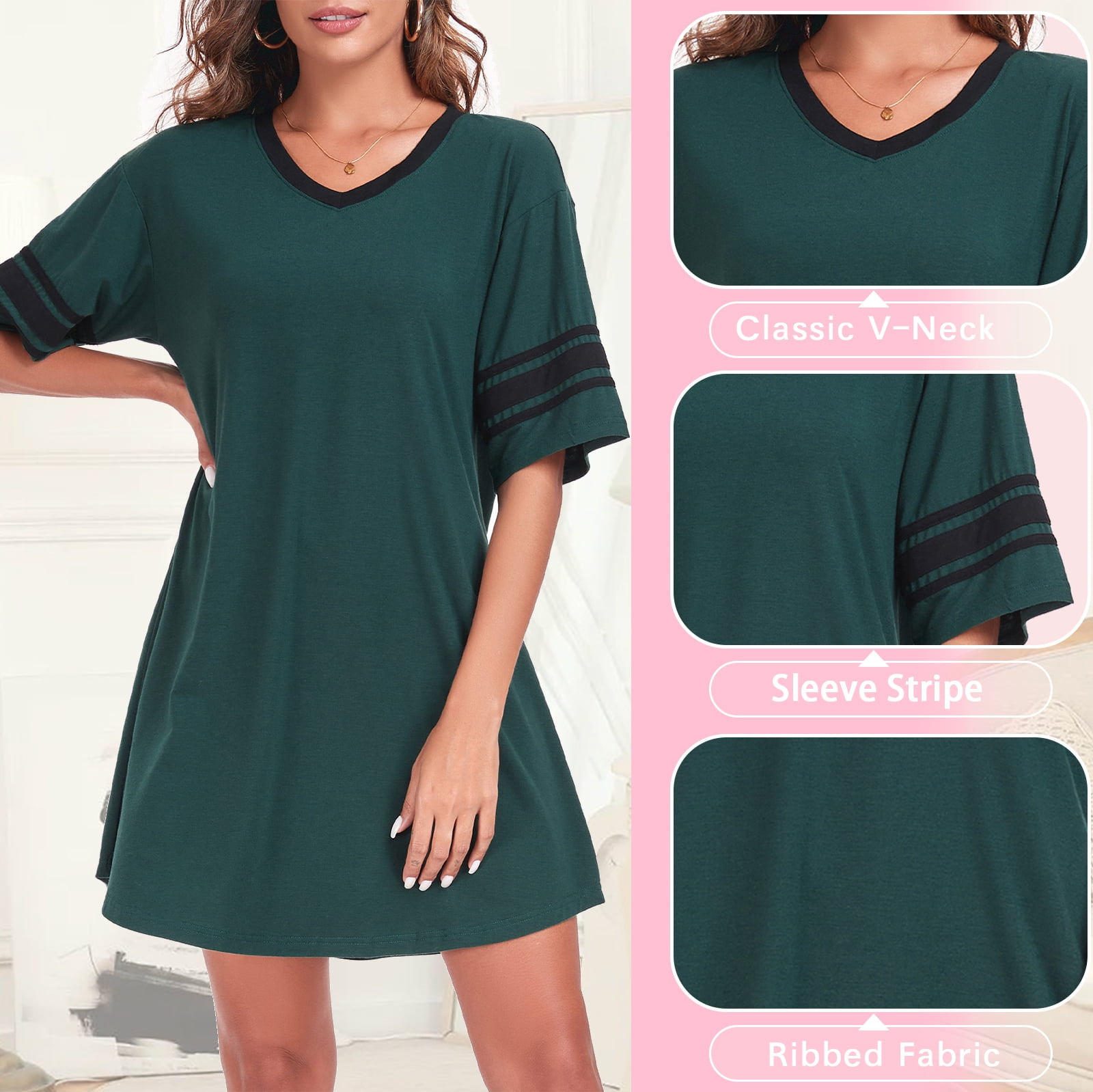 DreamFish Womens Nightgown Short Sleeve V-Neck Sleepshirt Loungewear (Green, M) y4w5a