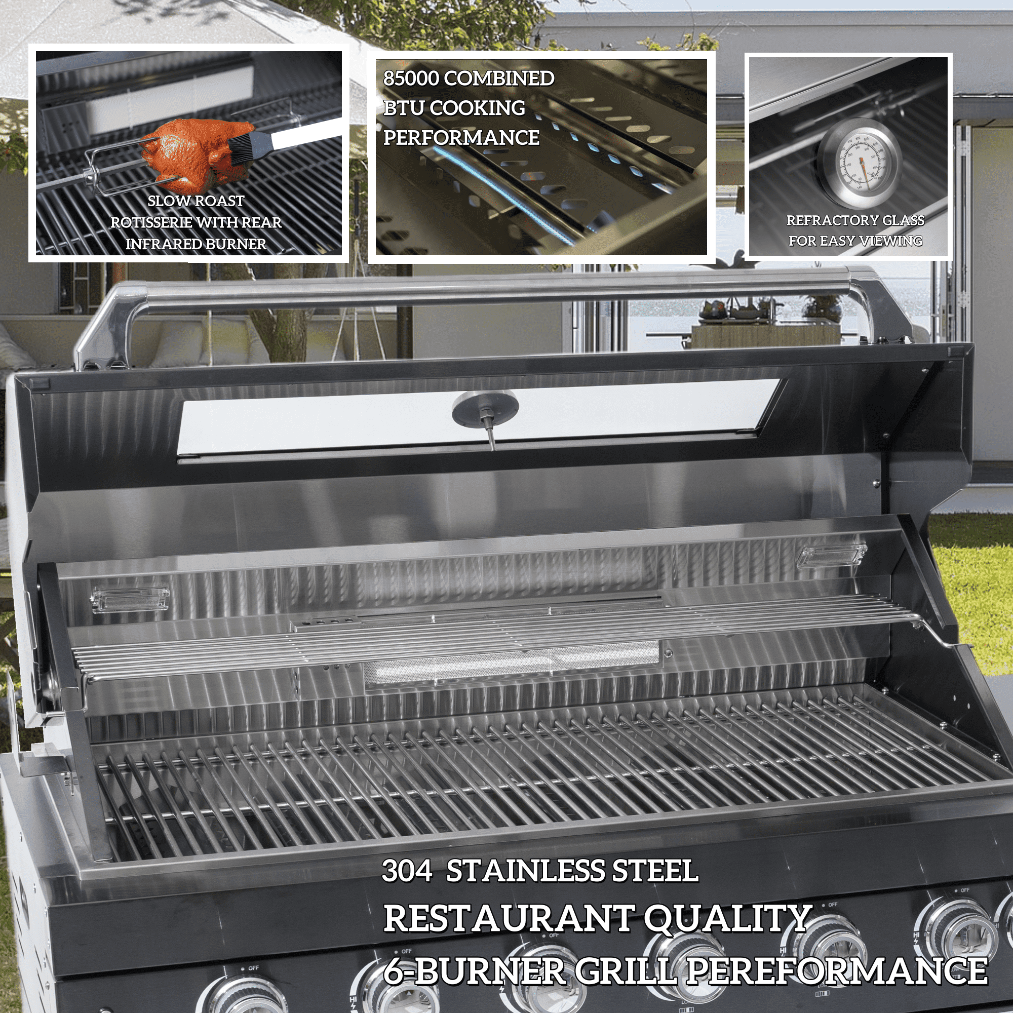 HomeMindful 110-inch Outdoor Kitchen Island with 4-Burner Gas Grill, Wine Cooler, and Granite Countertops (Black, 110 in) 1paas