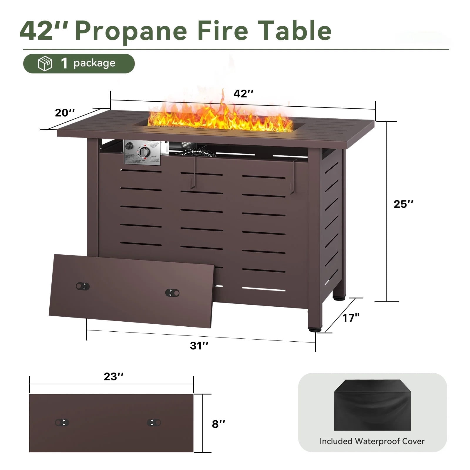 Sunmthink 42 in Propane Fire Pit Table for Patio, 50,000 BTU Outdoor Heater with Lid and Lava Rocks (Brown, 42 in) ed81v