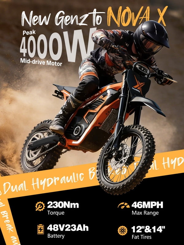 Elecby NOVAX Electric Dirt Bike, 4000W High-Speed Off-Road Motorcycle, Full Suspension, Hydraulic Brakes (Orange, 48V 22.8Ah) qzxqc
