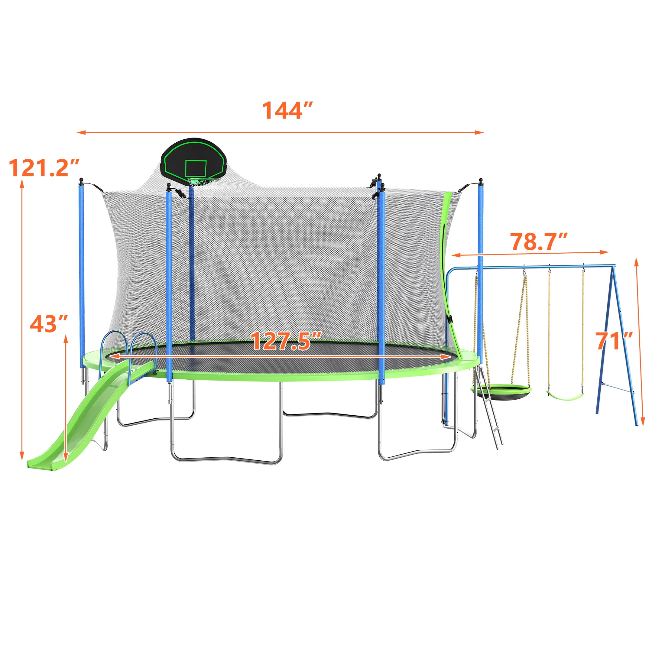 Segmart 12 ft Recreational Trampoline with Slide, Swing, Basketball Hoop, and Safety Net (Green, 12 ft) 7yjpy