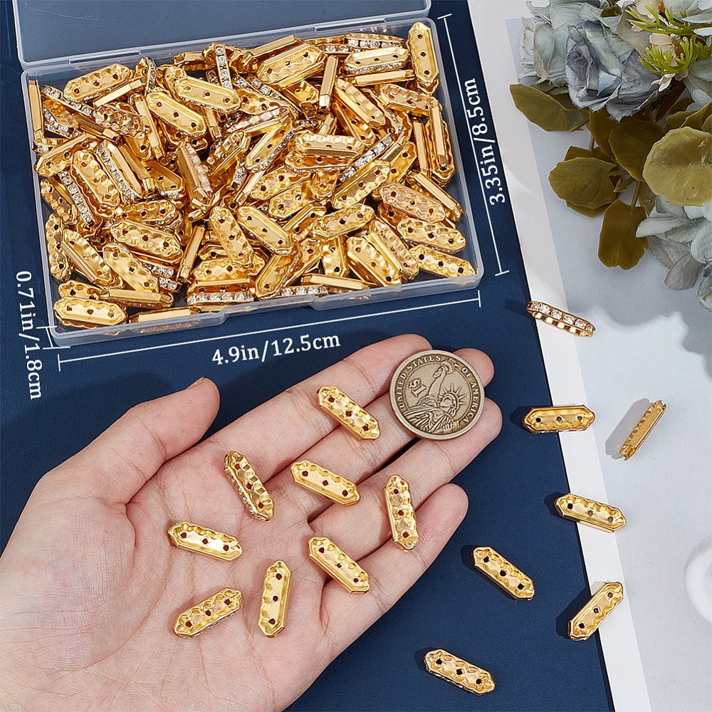 CRAFTYMELODY 3-Hole Rectangle Spacer Beads for Jewelry Making with Rhinestones (Gold, 180-Piece Set) mw197