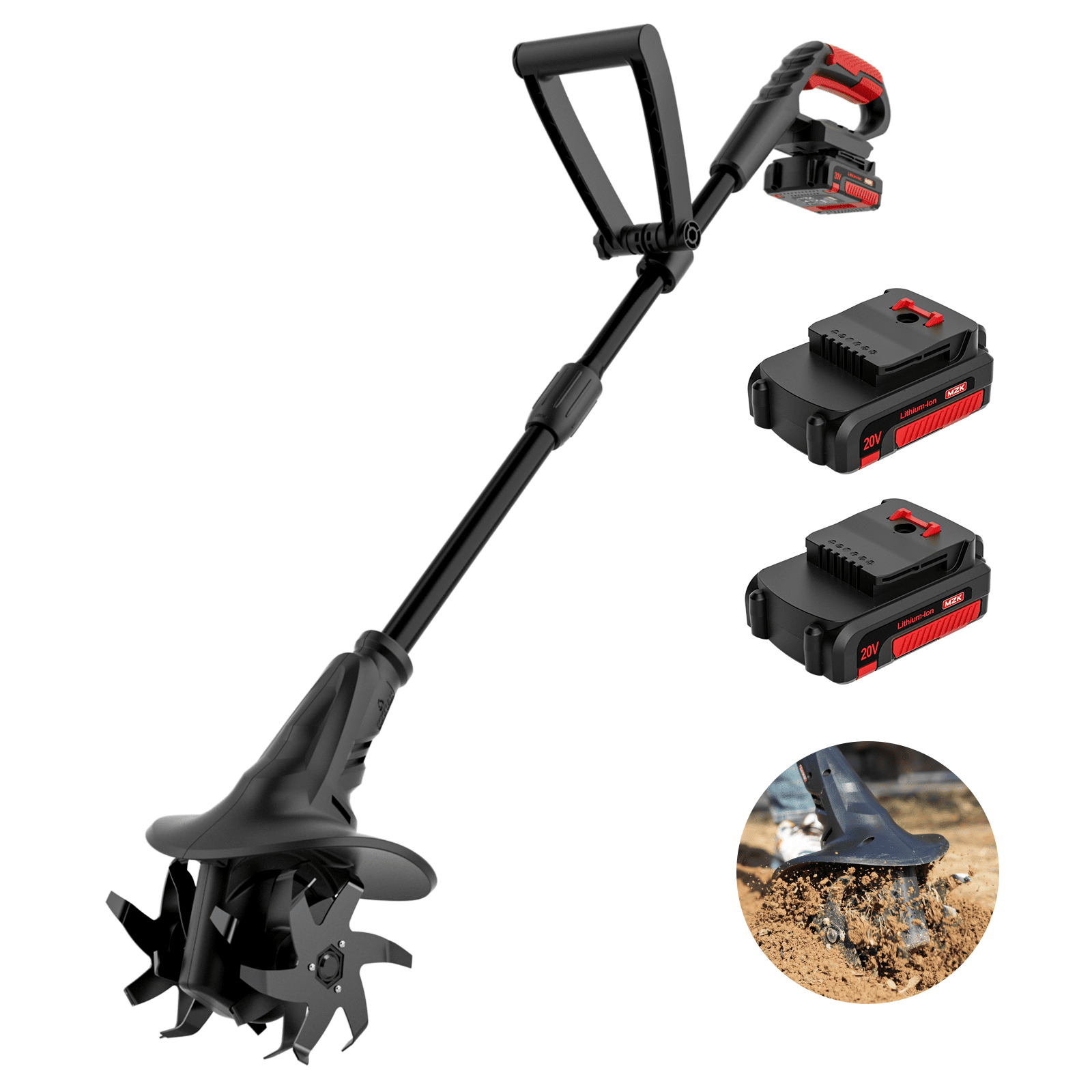 MZK 20V Cordless Tiller Cultivator, Electric Garden Soil Aerator with Steel Tines (8 in Width, 2 x 4AH Batteries & Charger Included) emc04