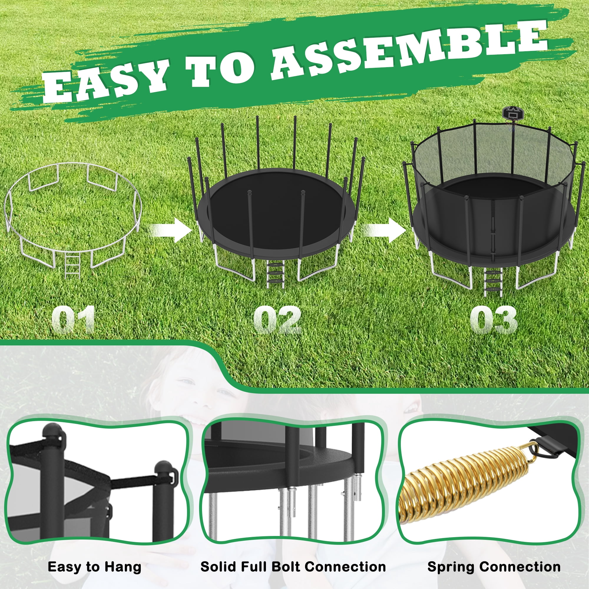 LHX Outdoor Backyard Trampoline with Enclosure Net, Basketball Hoop, Ladder, and LED Lights (Black, 16 ft) d70aj