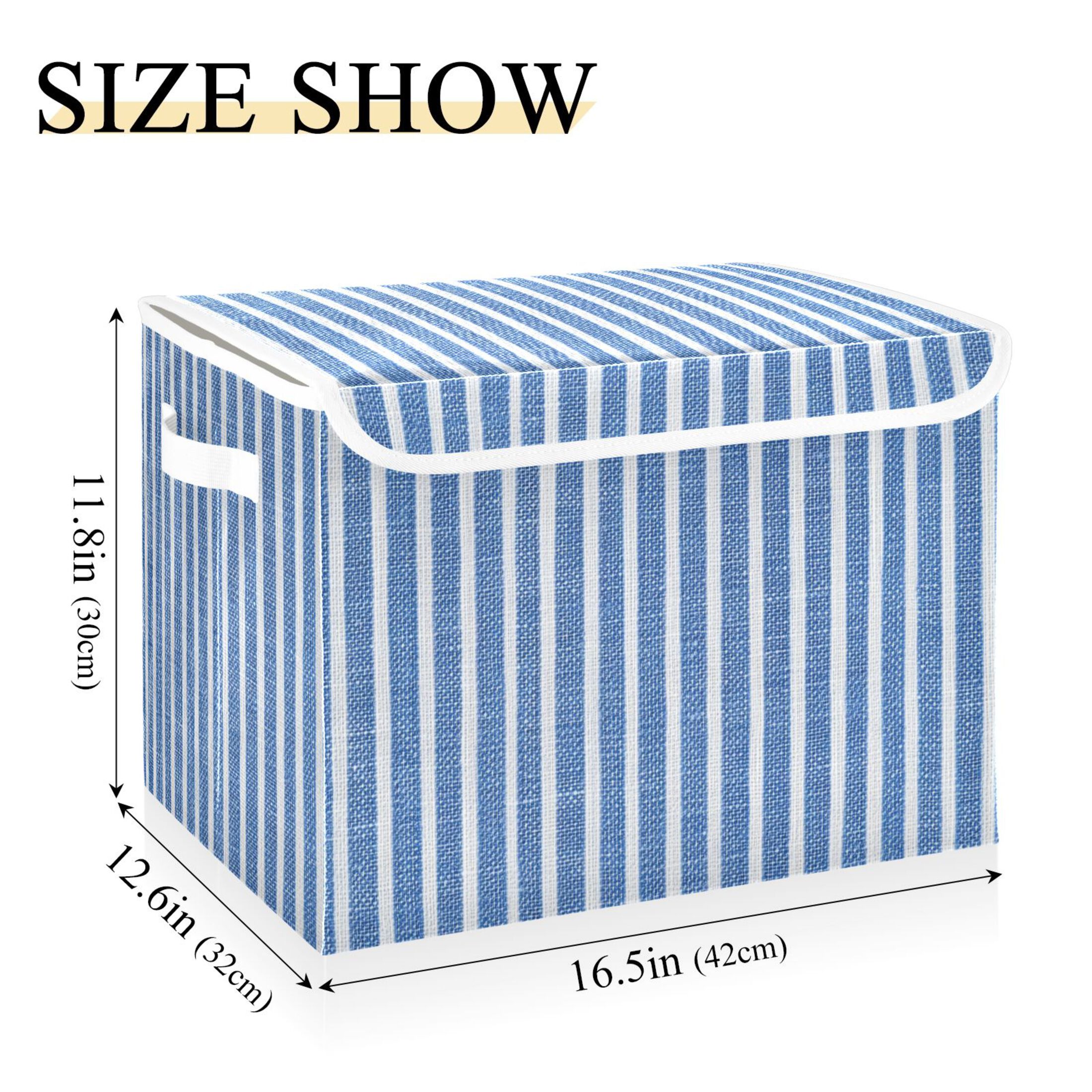 Booyaa Striped Fabric Storage Bin with Lid and Handles (Blue and White, 16.5 x 12.6 x 11.8 in) uyxy8