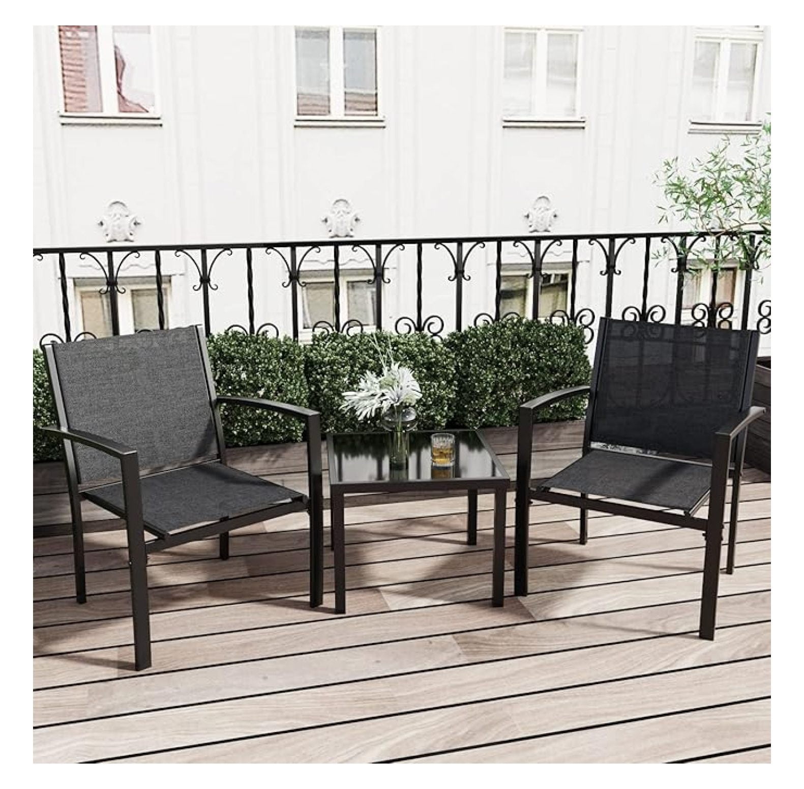 KriKac 3-Piece Patio Furniture Set, Outdoor Conversation Set with Textilene Chairs and Tempered Glass Table (Black, 3 Pieces) svxxv