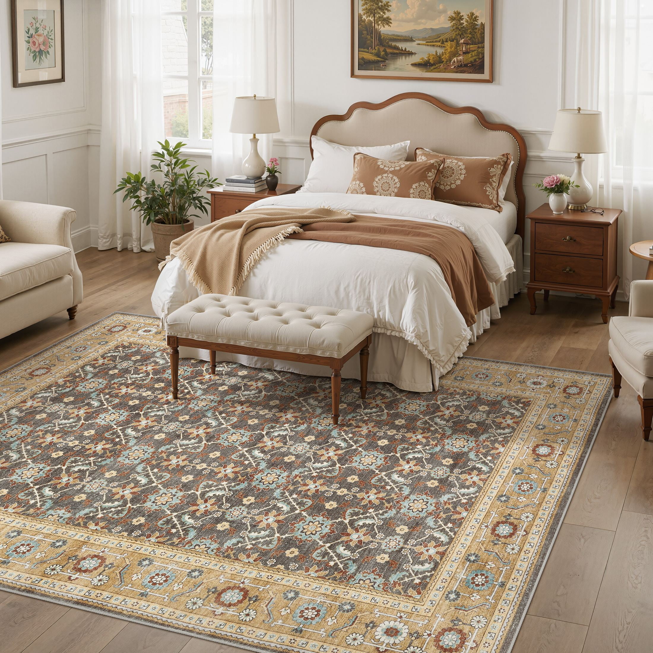 UERMEI Washable Area Rug, Boho Low-Pile Non-Slip Carpet for Living Room and Bedroom (Brown, 5 ft x 7 ft) un0zo