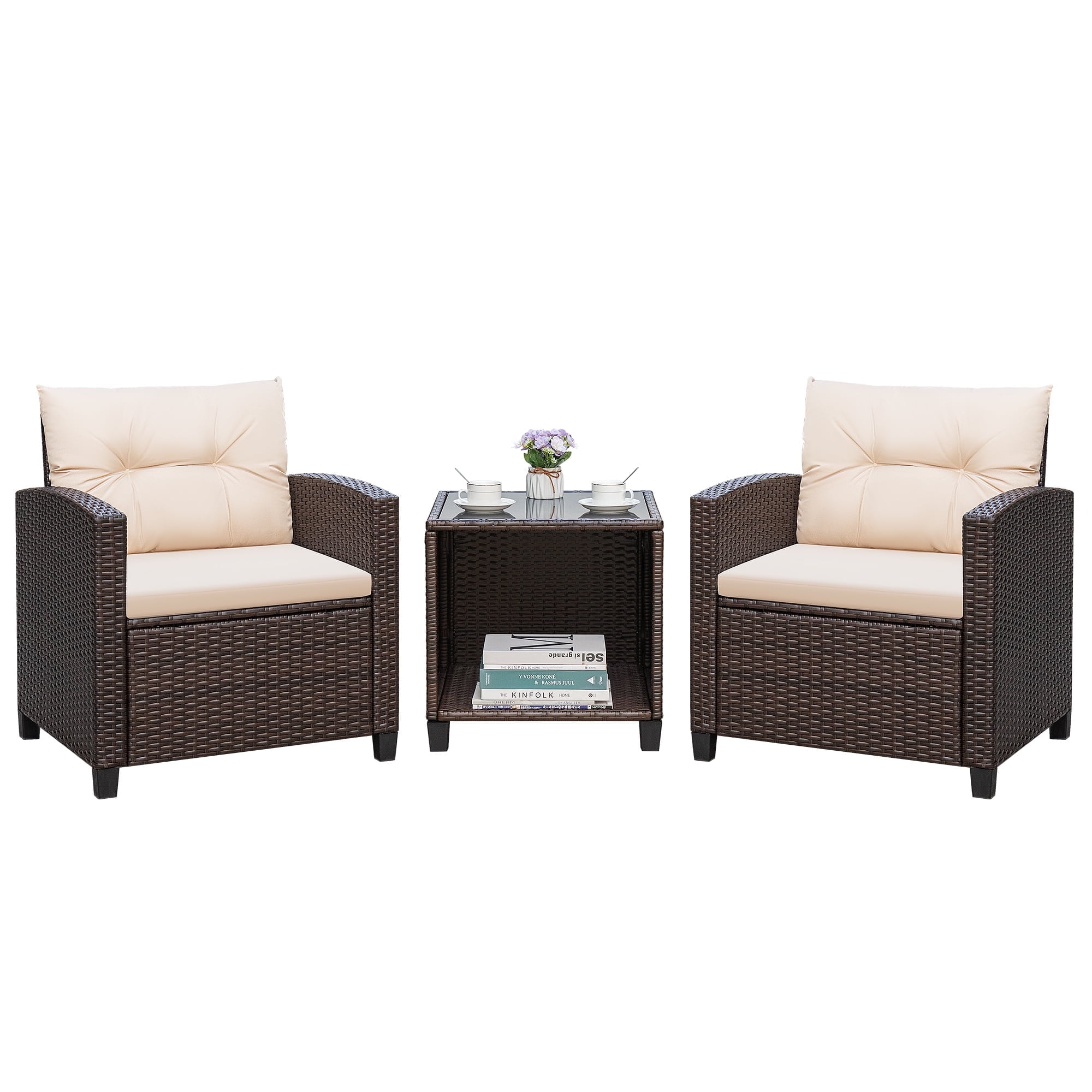 Homall 3-Piece Patio Furniture Set, Outdoor Rattan Bistro Chairs with Cushions and Coffee Table (Beige) 7jzjh