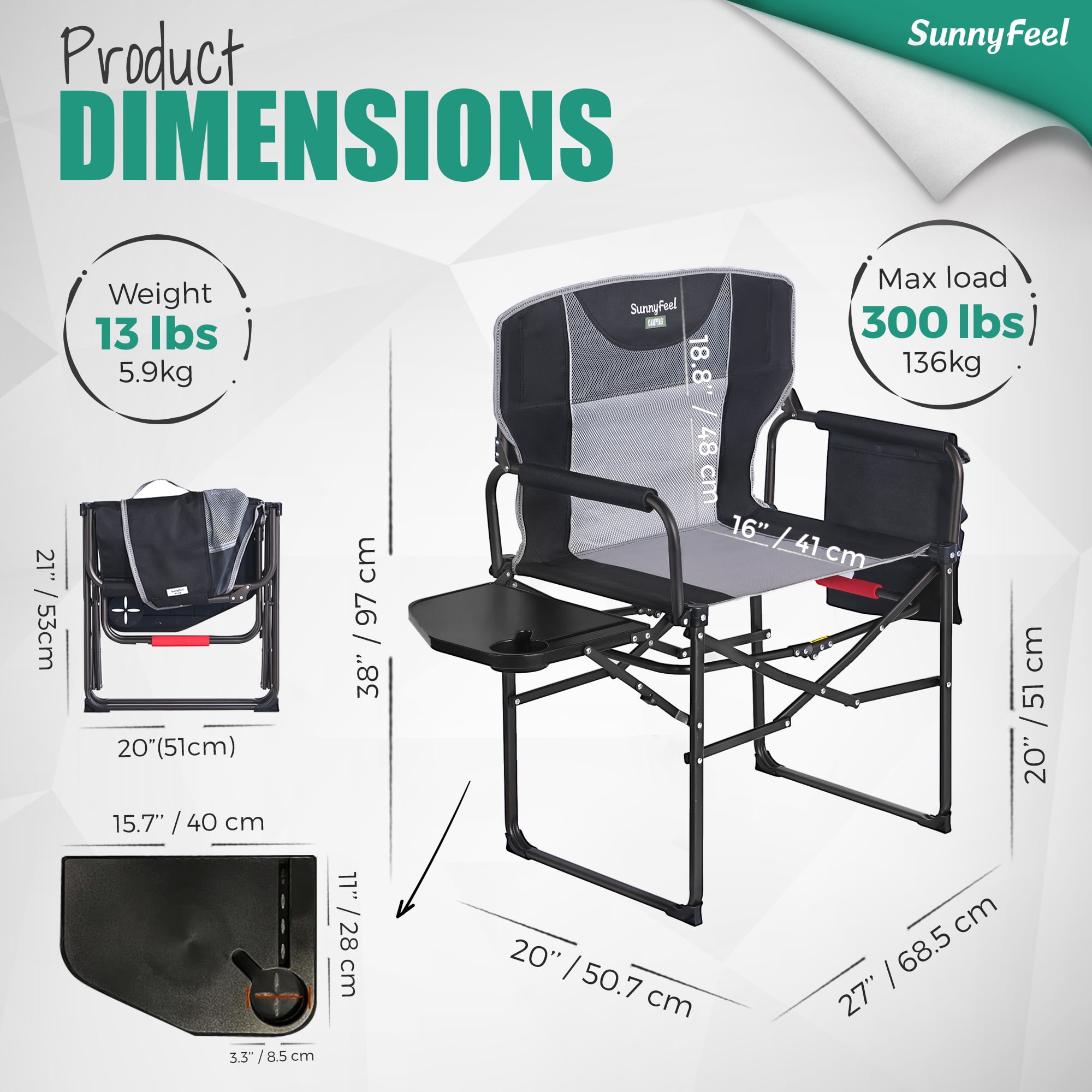 Sunnyfeel Heavy Duty Oversized Portable Folding Director Chair with Side Table and Storage Pockets (Black, 21 in x 25 in x 36 in) msdak
