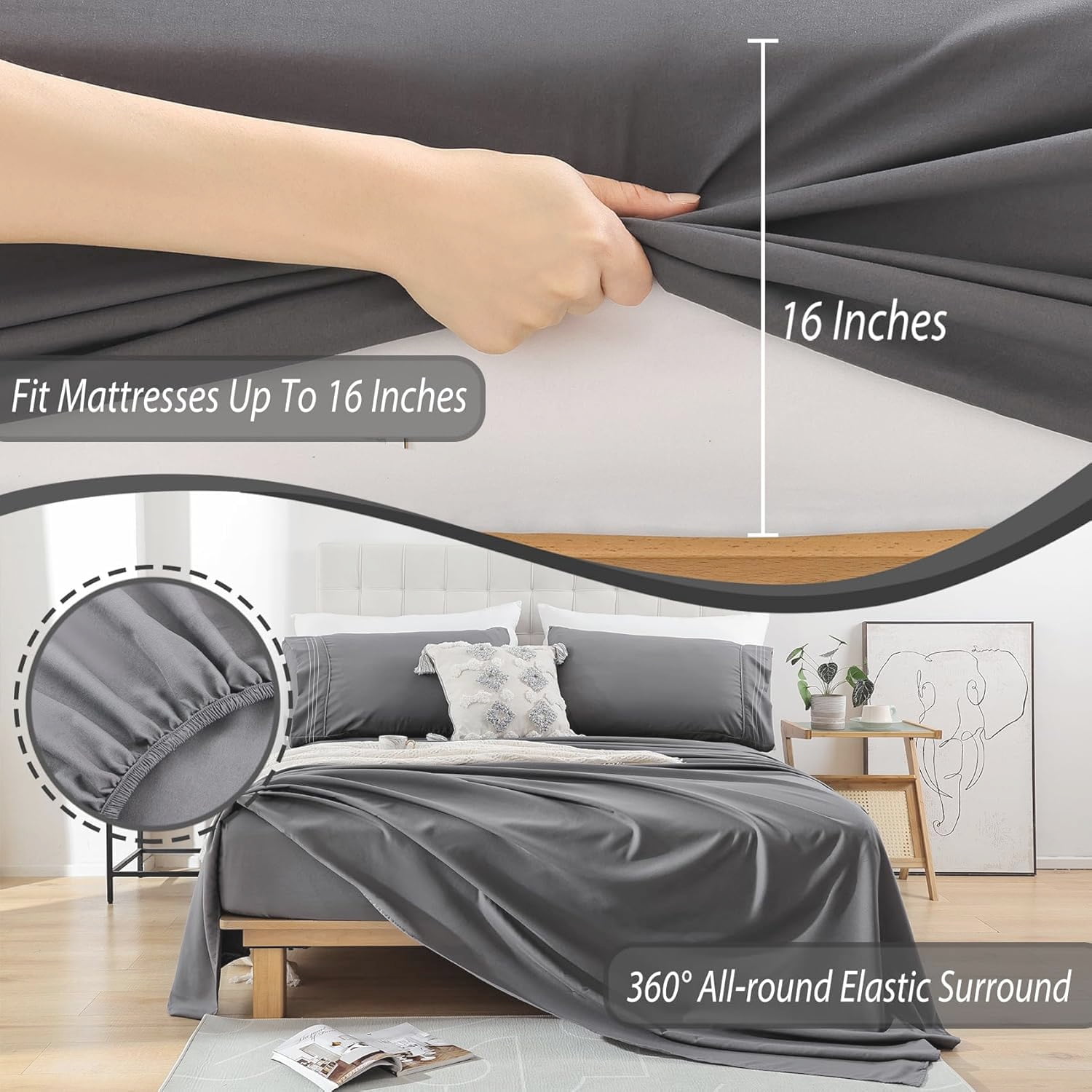 Cshidworld Queen Bed Sheet Set, 1800 Series Microfiber Cooling Bedding, Breathable & Hypoallergenic 4-Piece Luxury Soft Set (Grey, Queen) 3lg6a