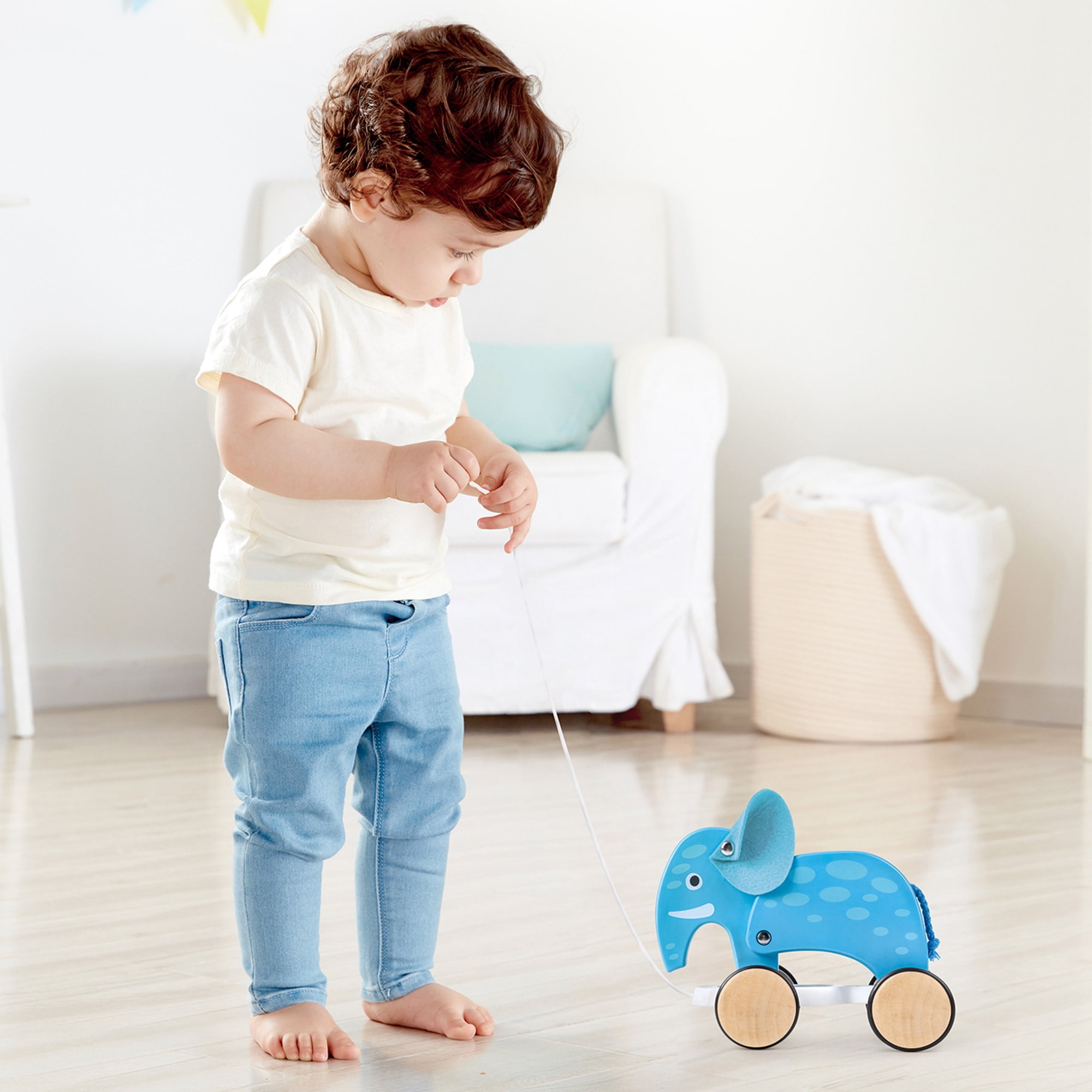 Hape Elephant Pull Along Wooden Animal Toy (Blue, 7.4 in x 6 in x 4 in) pgi80