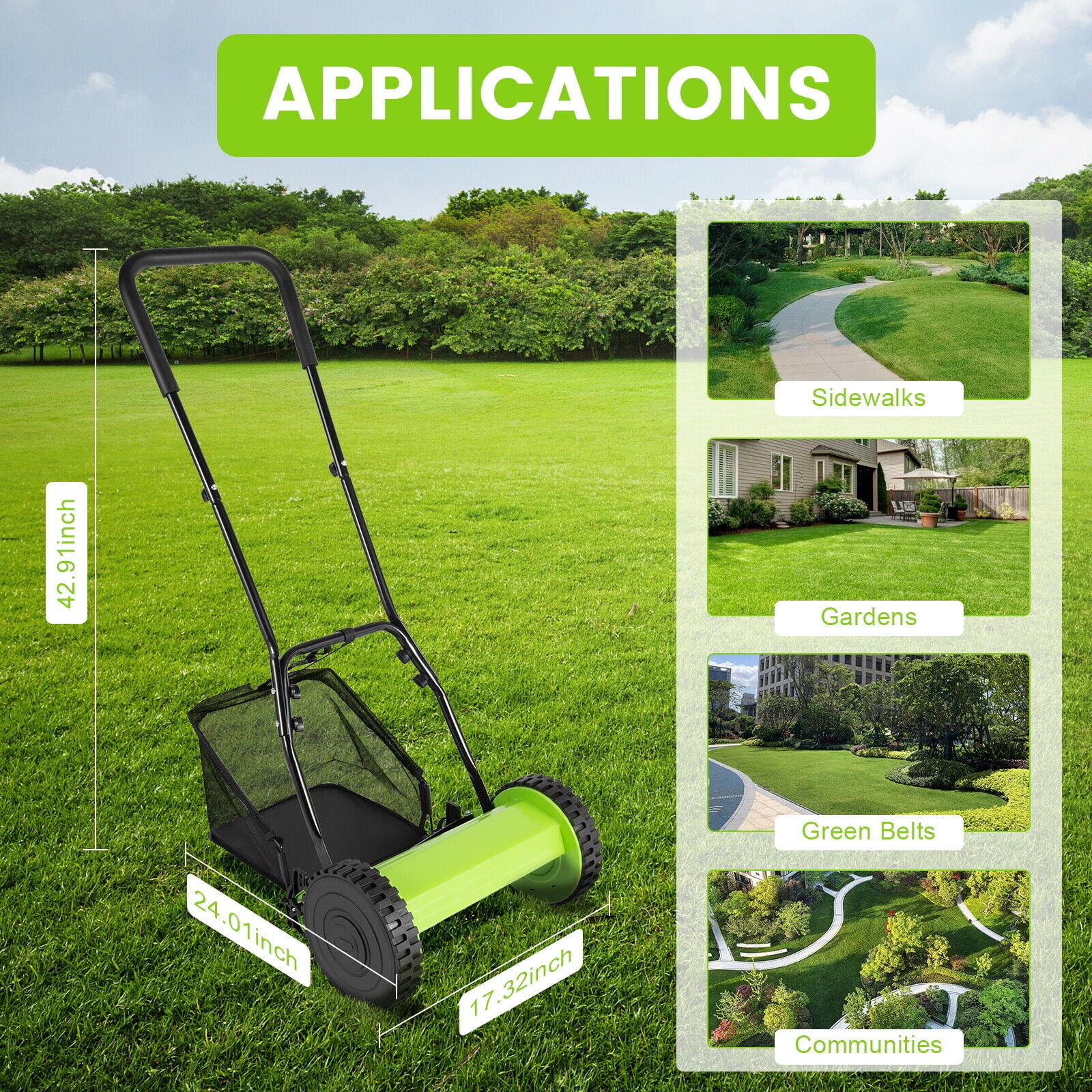 Generic Hand Push Reel Lawn Mower with Grass Catcher and Adjustable Cutting Height (Green, 12 in) alwo9