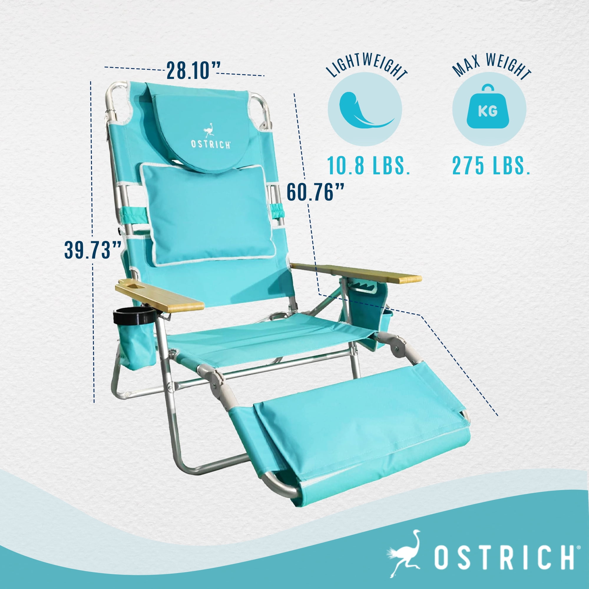 Ostrich Deluxe 3-in-1 Lightweight Outdoor Beach Lounge Chair with Footrest (Aqua, 60.76 in x 28.10 in x 39.73 in) 3px9w