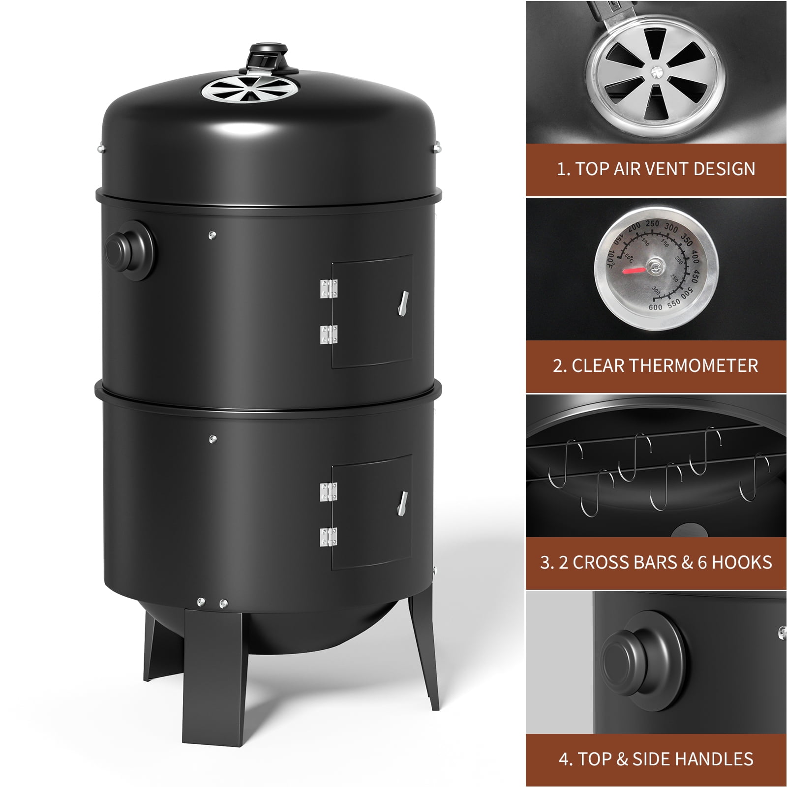 KingChii 3-in-1 Vertical Charcoal Smoker Grill (Black, 20.5 in x 16 in x 32 in) 356yc