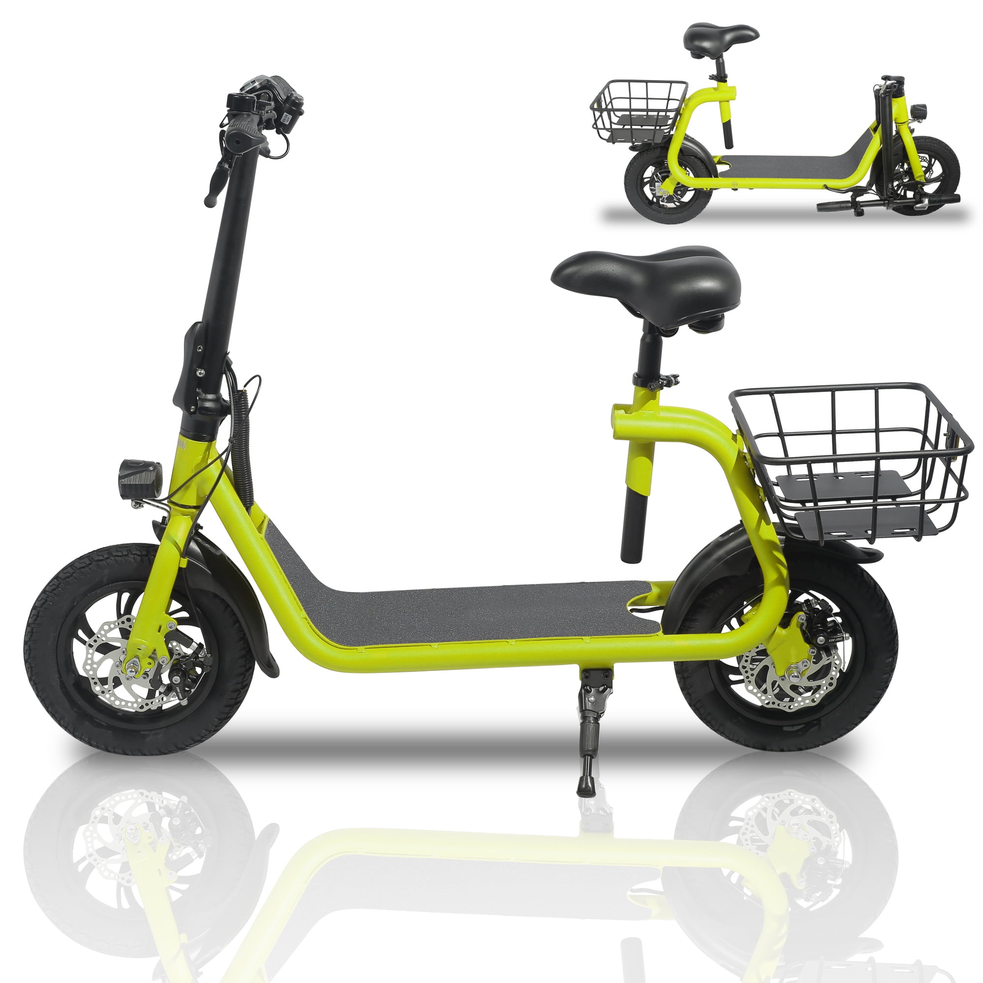 Lohoms 450W 36V Foldable Electric Commuter E-Bike with Seat and Basket (Yellow, 12 in Tires) rc78x