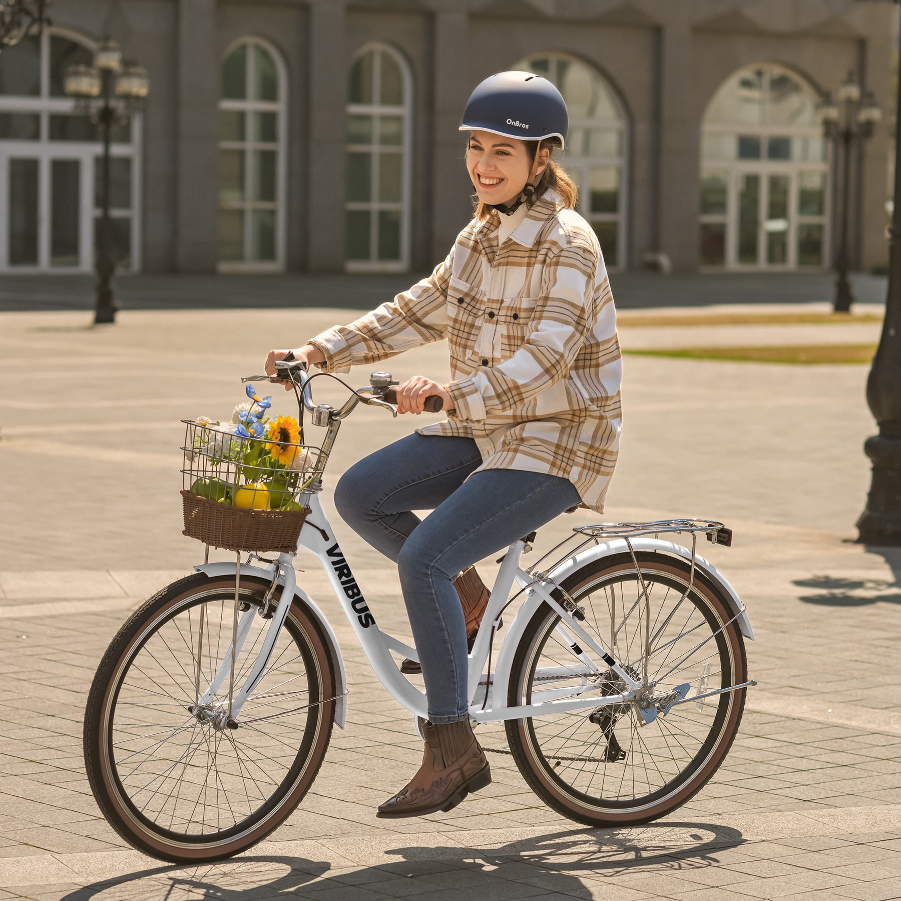 Viribus 24 in Women's Cruiser Bike, 7-Speed Beach and City Bicycle with Basket and Rack (White) 3vvao
