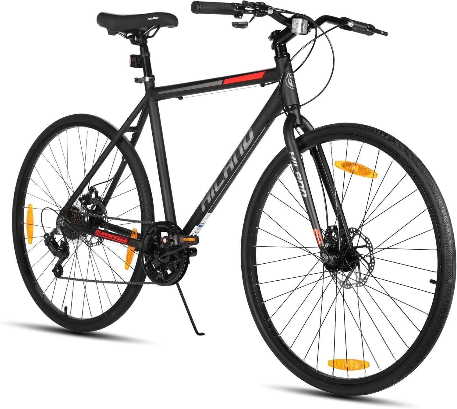 HILAND 700C Hybrid Road Bike, 7-Speed Urban Commuter Bicycle with Disc Brakes (Black, 53 in) zc95n