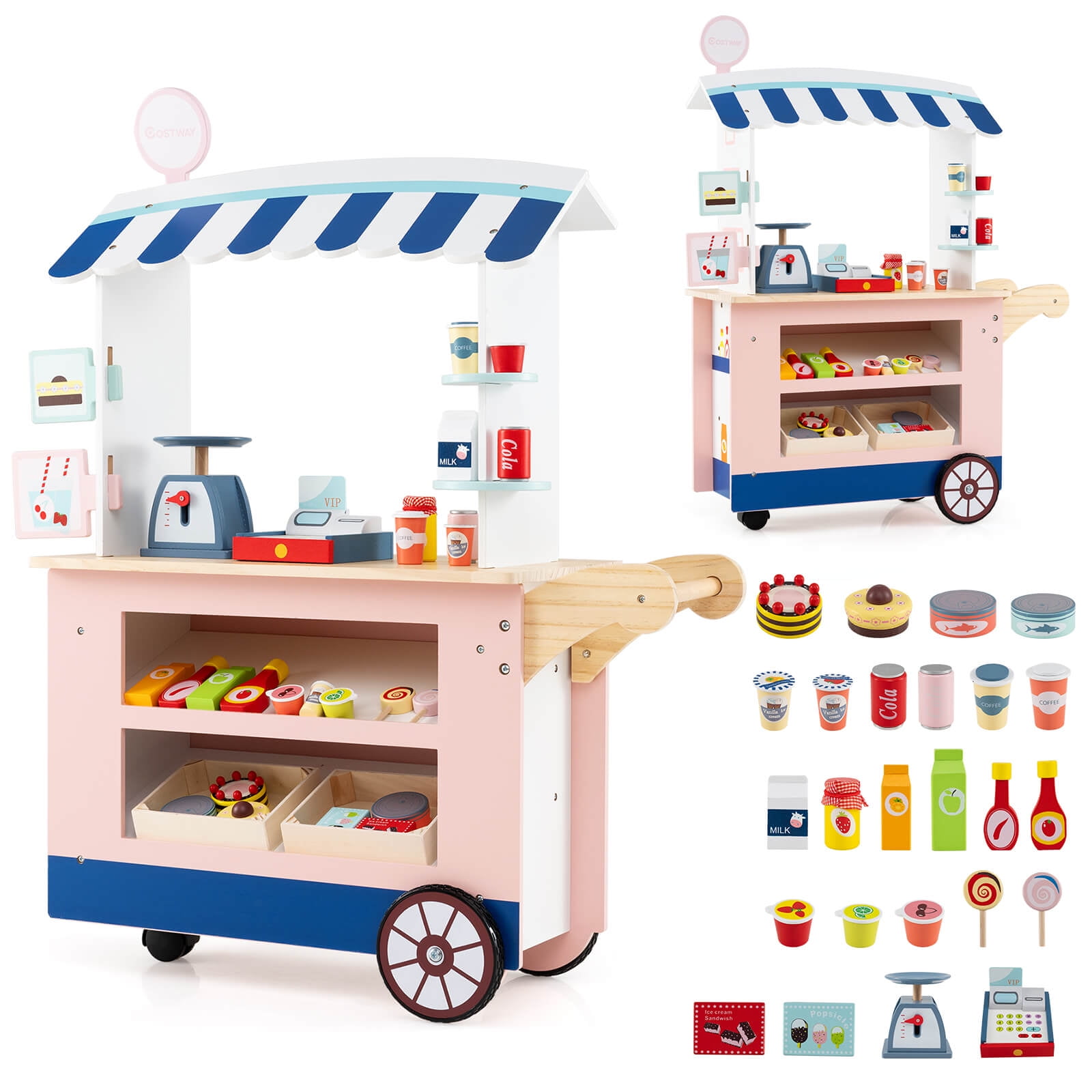 Costway Kids Snacks and Sweets Food Cart Play Set with 30 Accessories (Pink, 30 Piece Set) v72kq