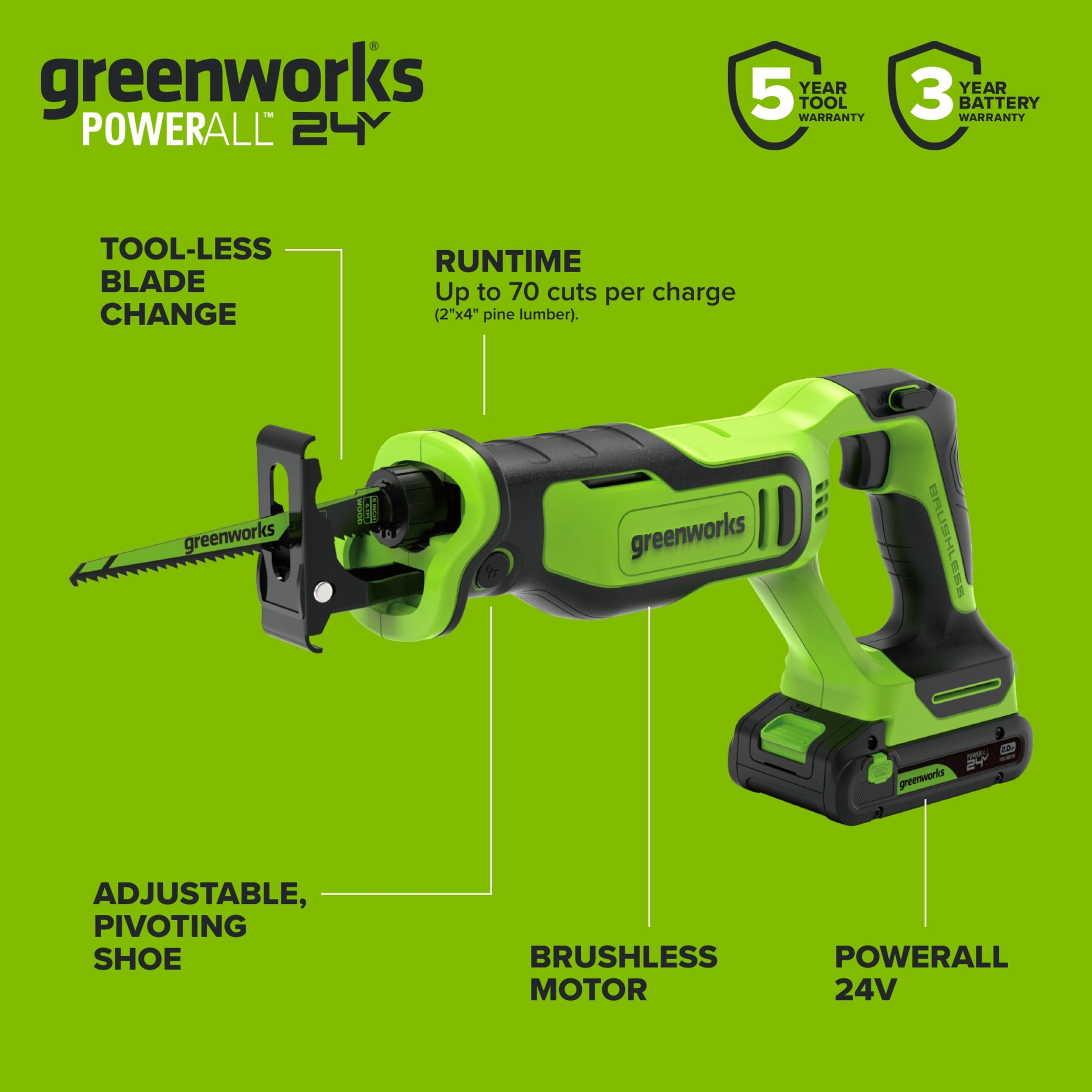 Greenworks PowerAll 24V Brushless Reciprocating Saw Kit with 2Ah Battery and 30W Charger (1 in Stroke Length) jjsok