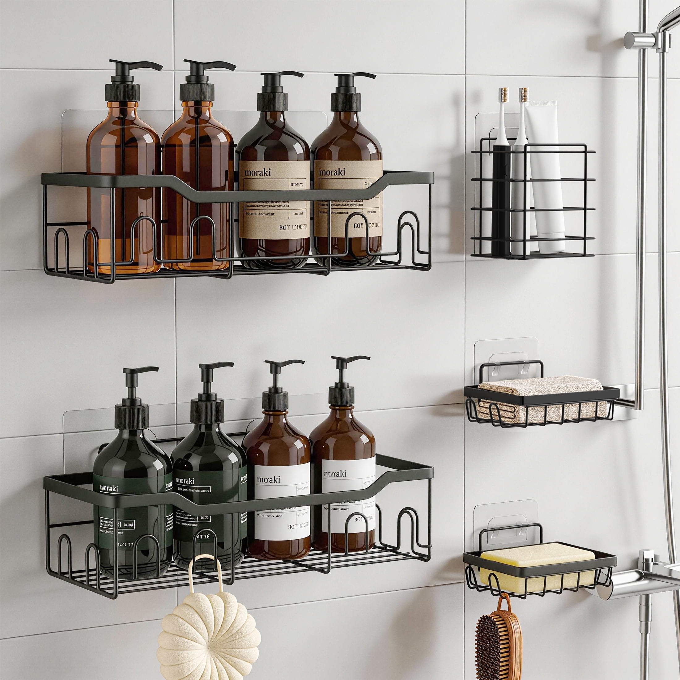 Siaomo Adhesive Shower Caddy Organizer Set, Rustproof Stainless Steel Bathroom Shelves with Hooks (Black, 5 Pack) h1jd6