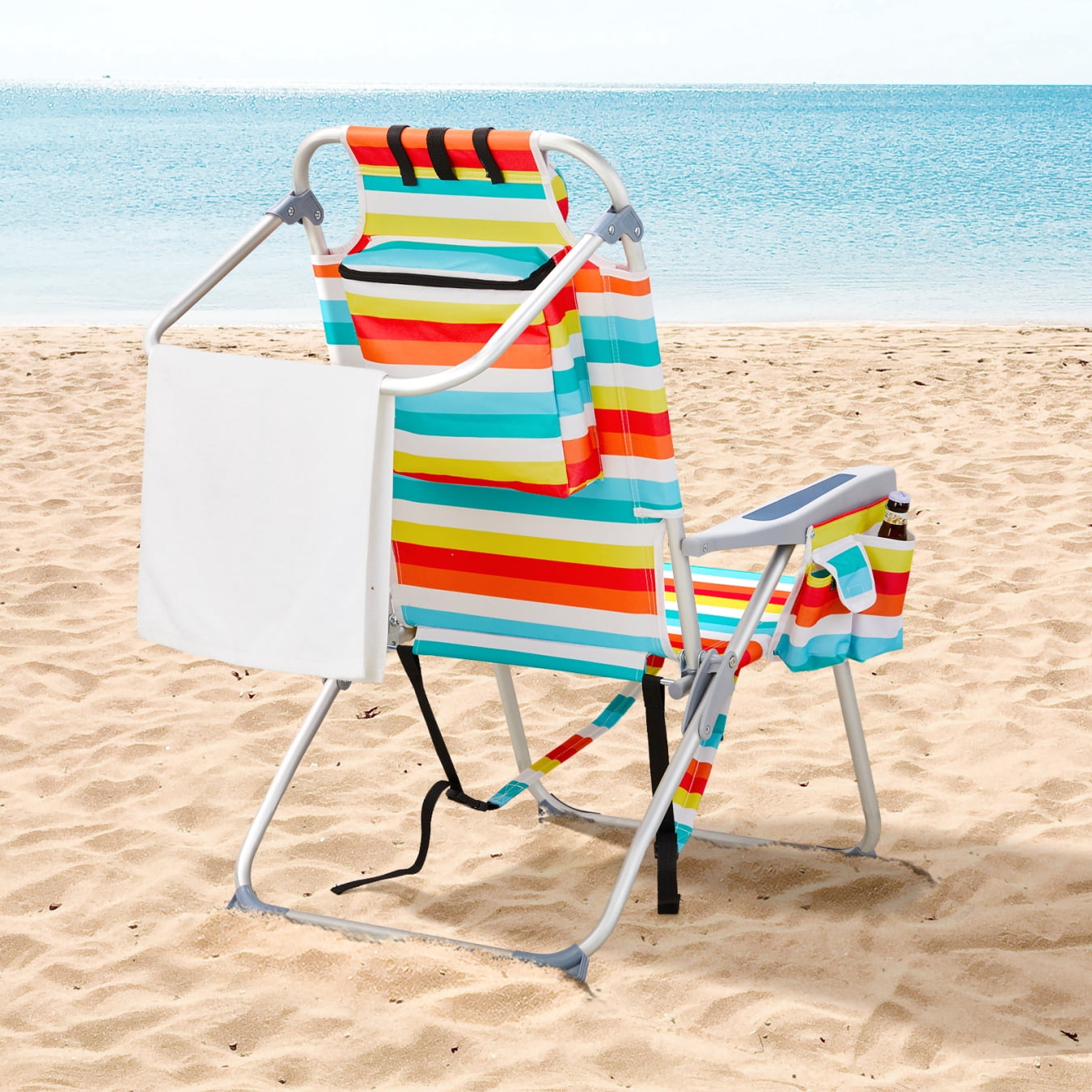 voqoomkl Aluminum Beach Chair with 5-Position Adjustable Backrest and Storage Pouch (Rainbow Stripes, 220 lb Capacity) 7f355