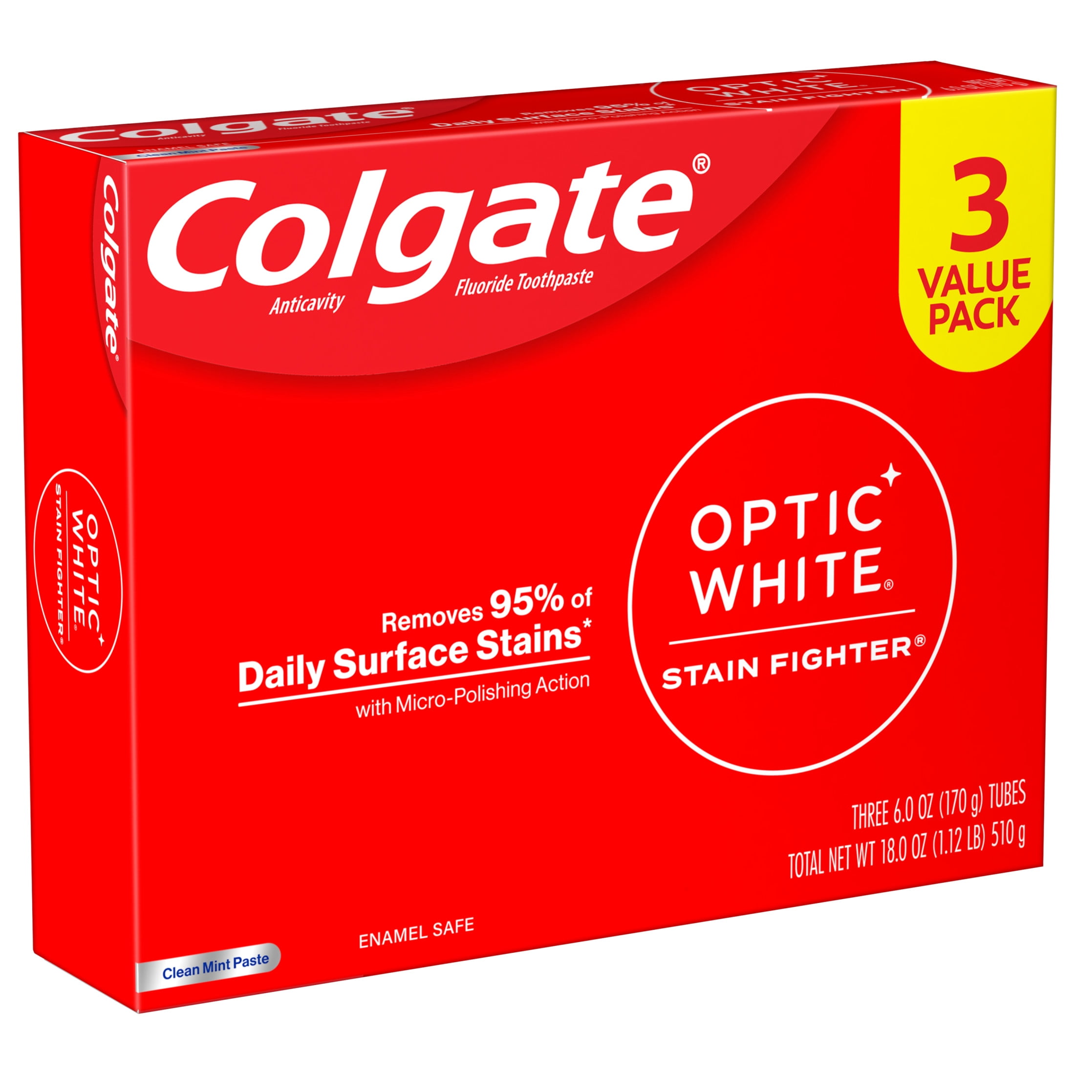 Colgate Optic White Stain Fighter Whitening Toothpaste, Clean Mint (White, 3 Pack of 6 oz) rmawf