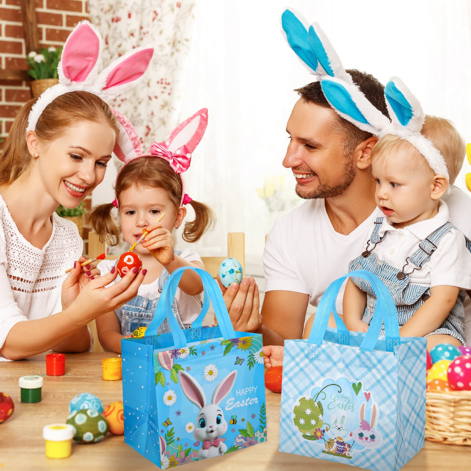 sixwipe Easter Non-woven Gift Bags with Handles, Reusable Bunny Treat Bags for Egg Hunts (Blue, 16 Pack, 8.27 x 7.87 x 5.9 in) mbilk